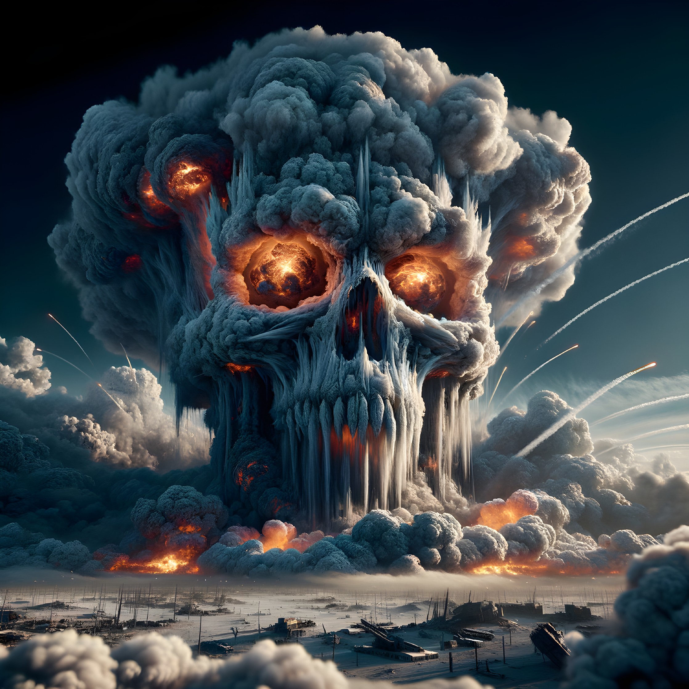 Surreal Landscape with Colossal Skull and War-torn City