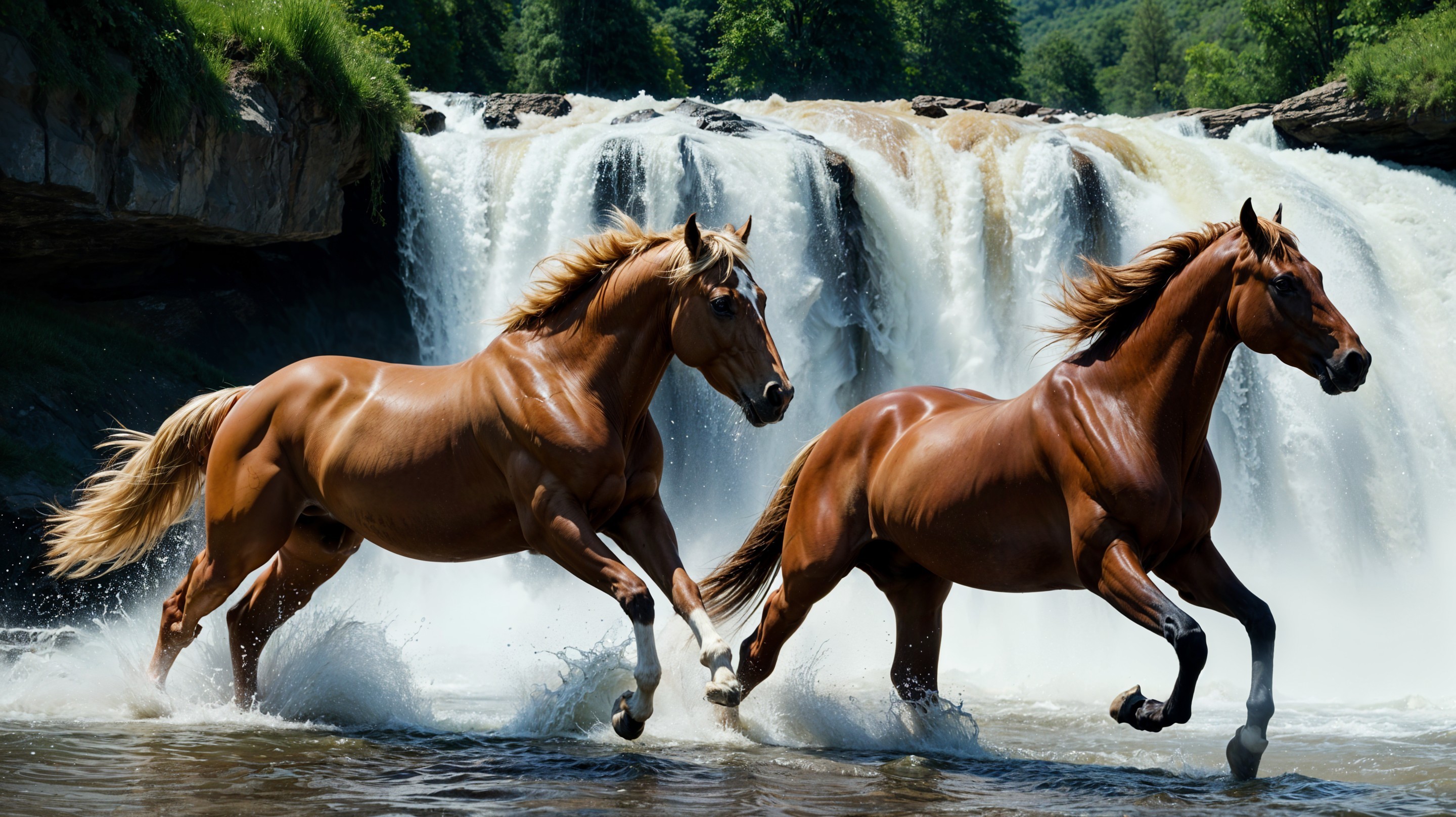 Chestnut Horses Galloping Through a Shallow River
