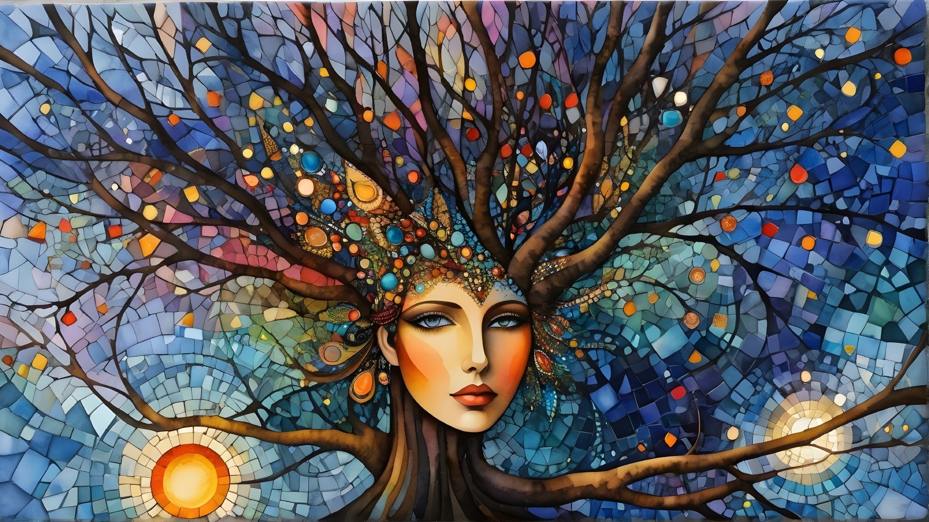 Mosaic Artwork of Woman with Nature-Inspired Elements