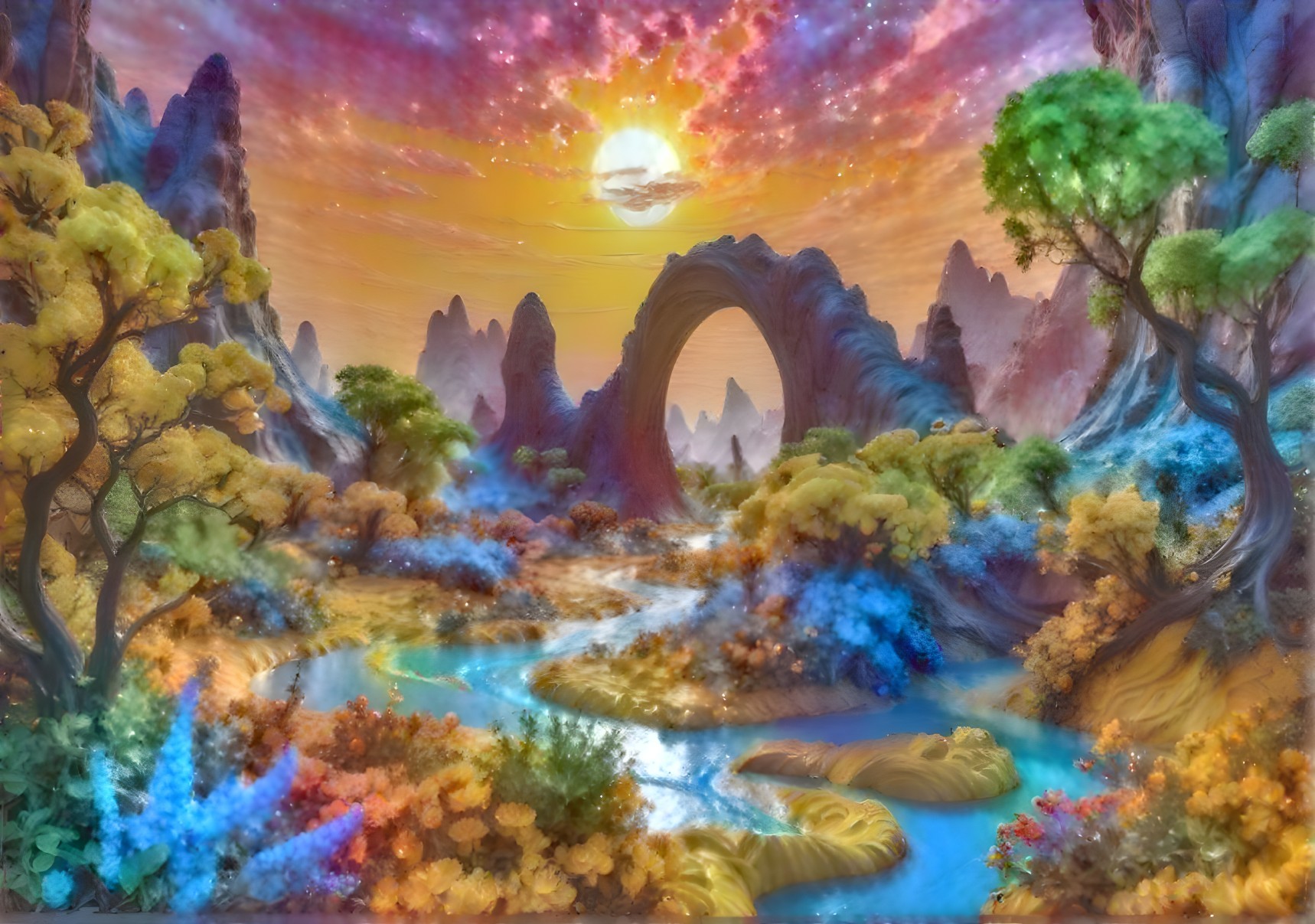 Vibrant Fantasy Landscape with Colorful Mountains and River