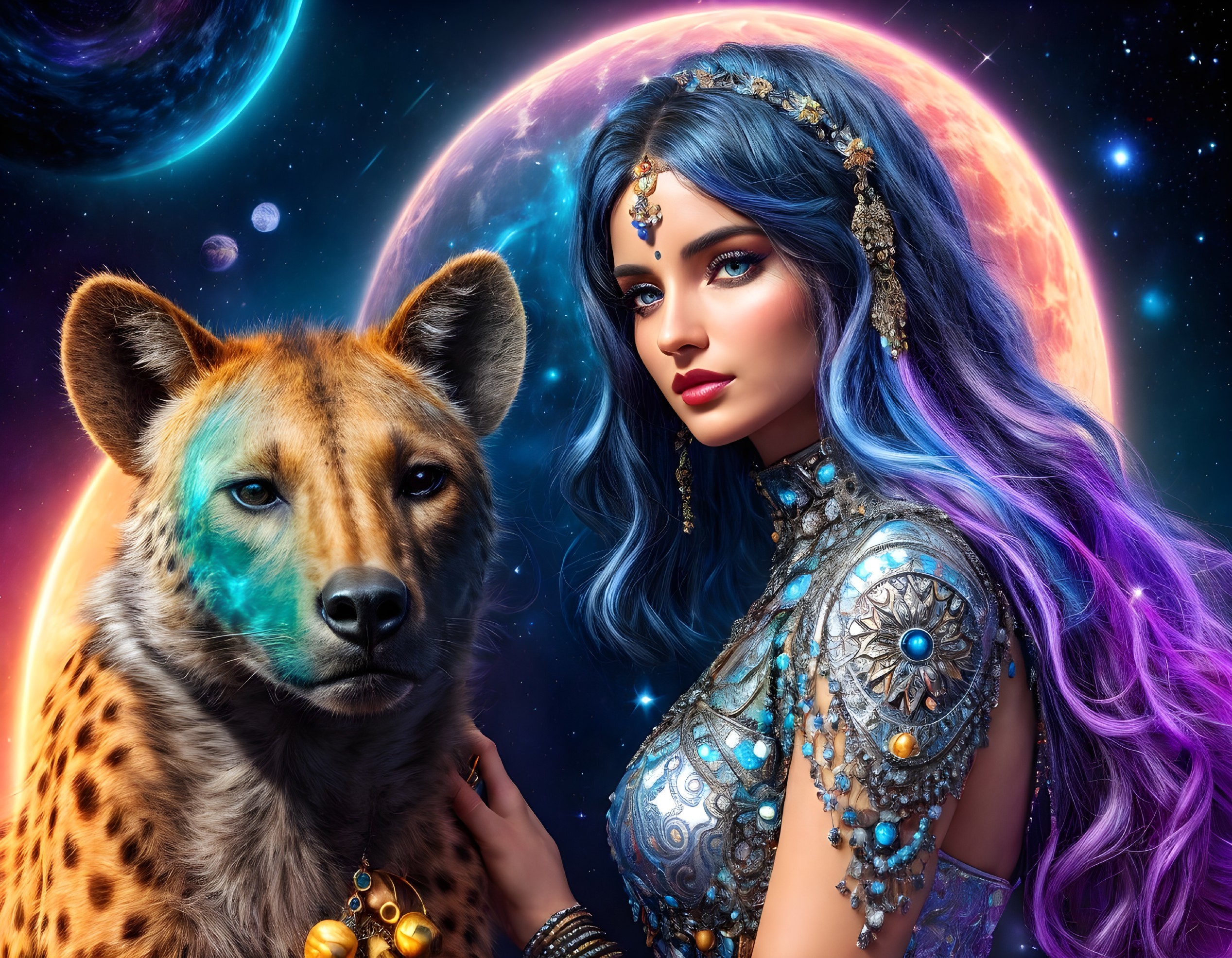 Mystical Scene with Woman and Hyena in Cosmic Setting