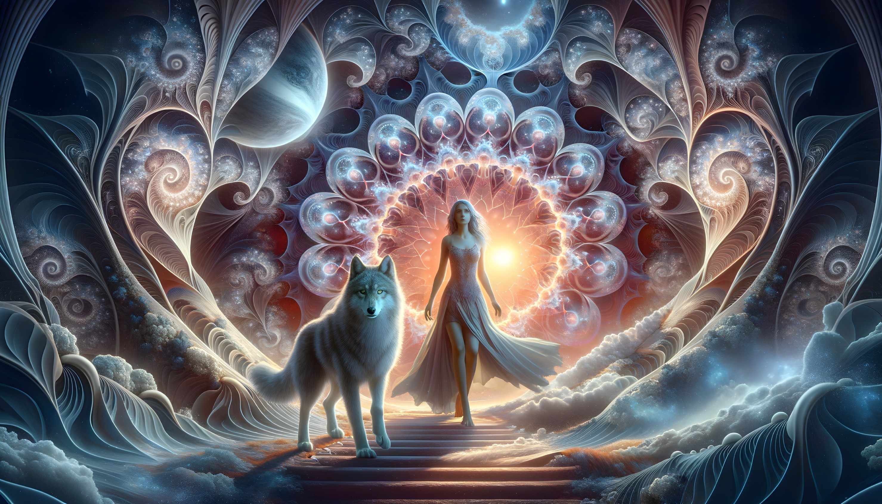 Ethereal Scene of Woman and Wolf in Cosmic Setting