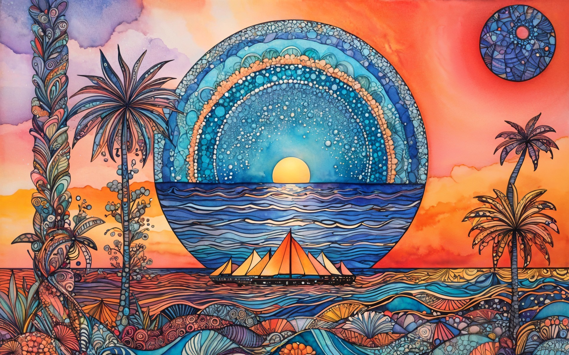 Vibrant Sunset Over Ocean with Sailboats and Palms