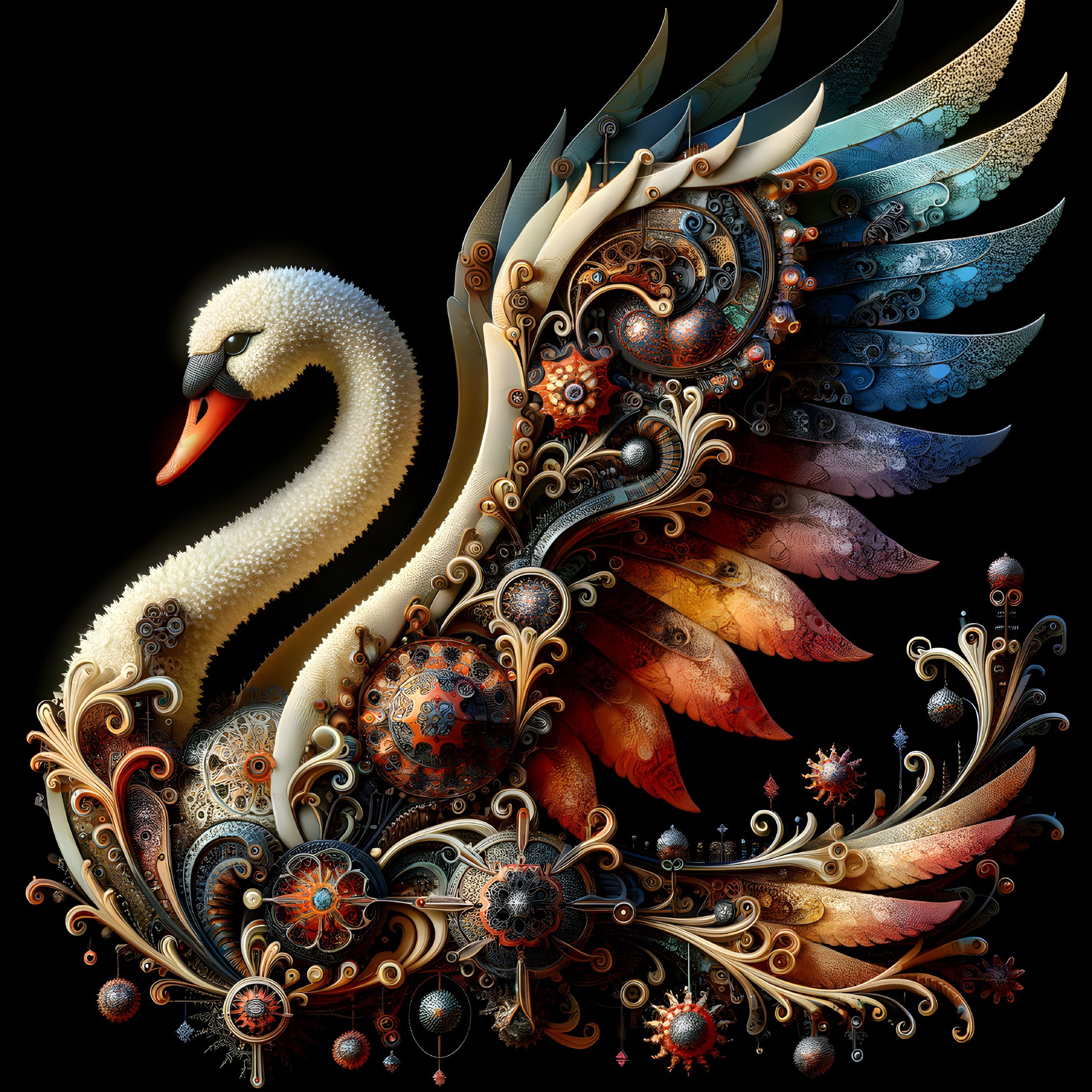 Ornate Swan Design with Vibrant Colors and Patterns