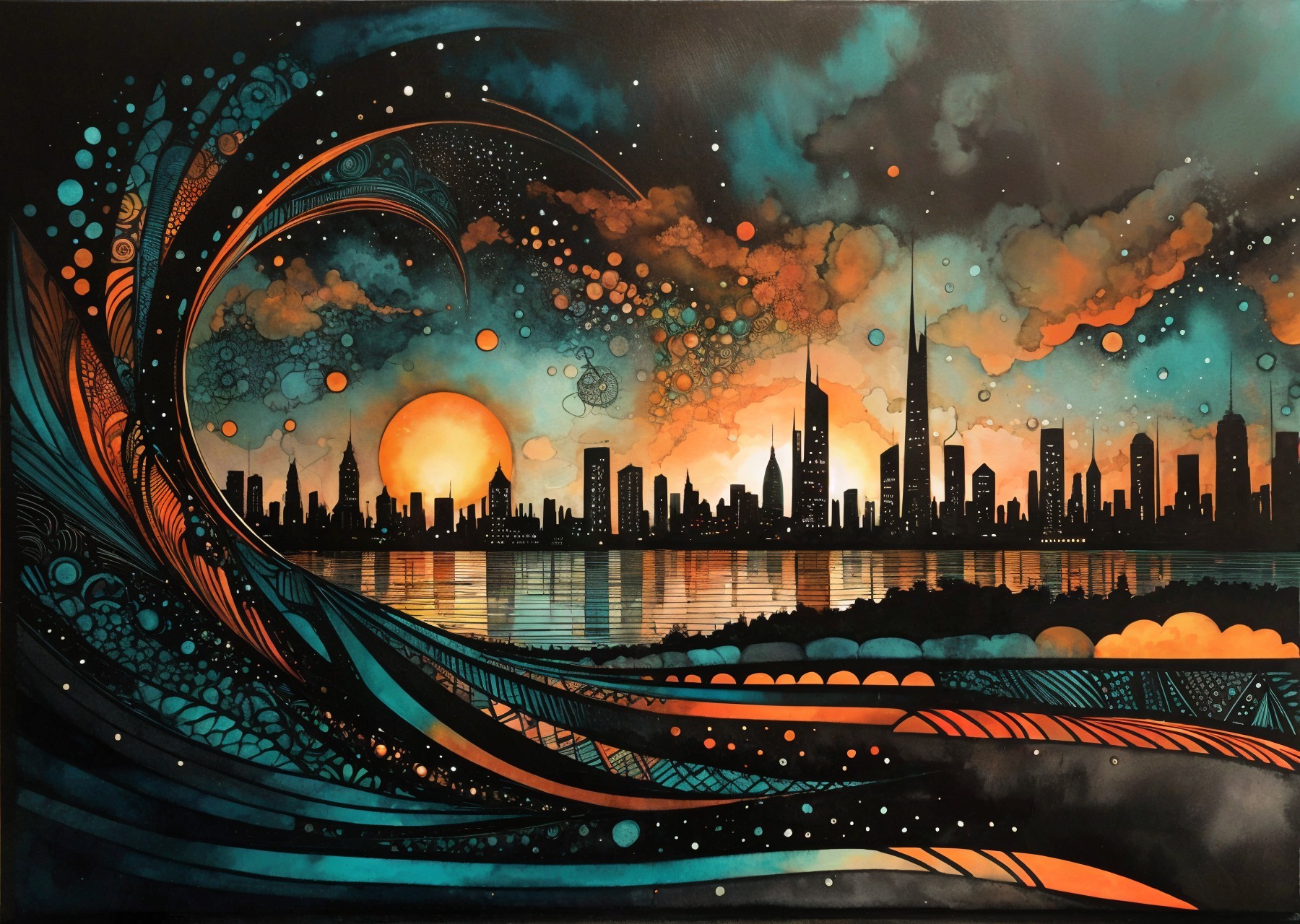 Vibrant City Skyline at Sunset with Reflective Water