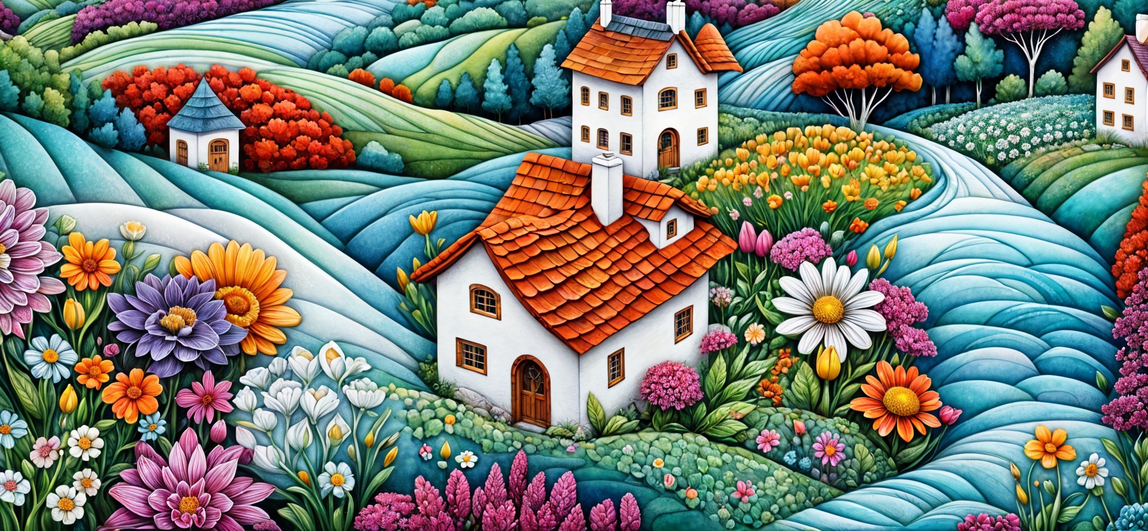 Vibrant Countryside Landscape with Colorful Flowers