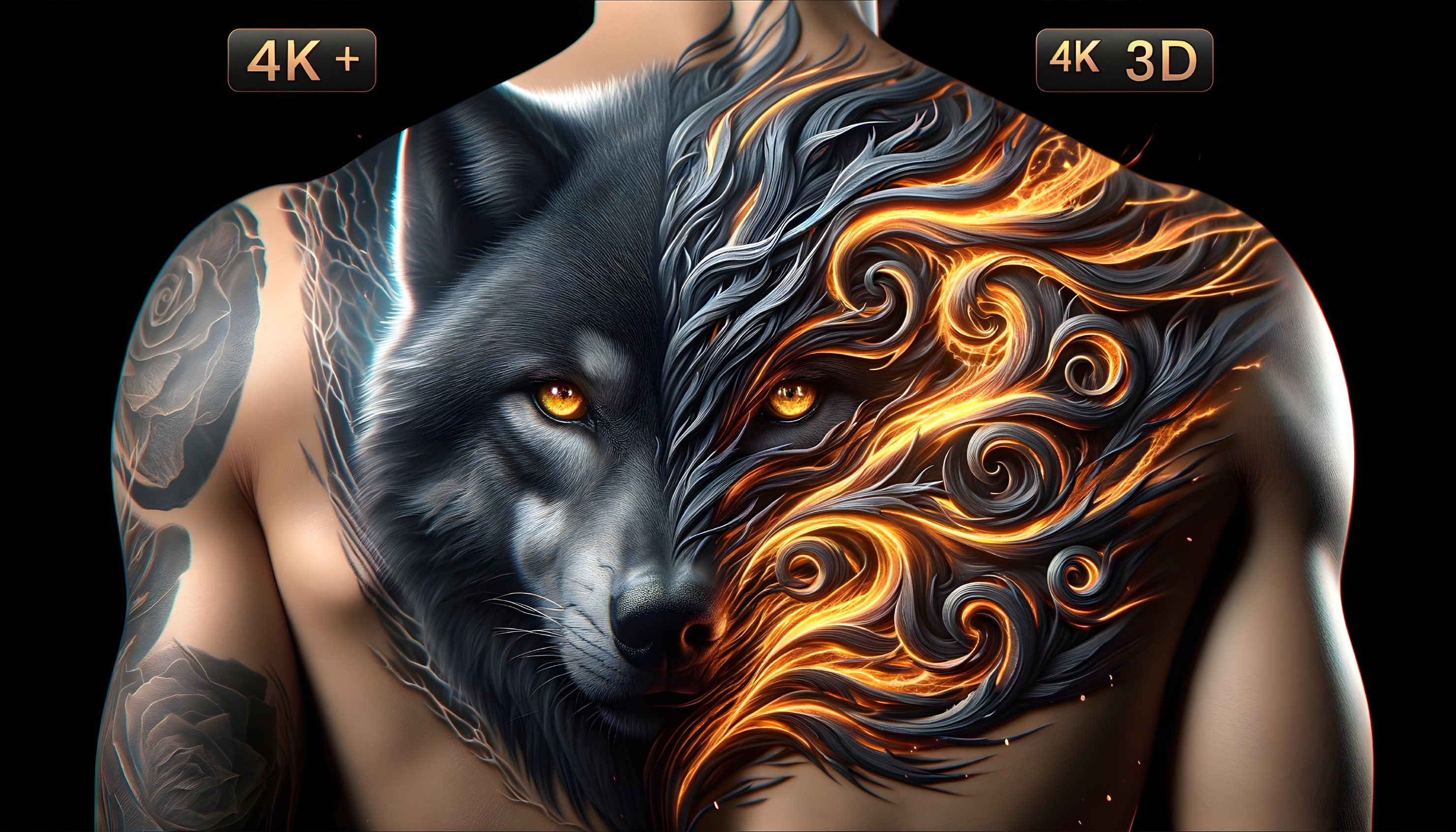 Detailed Tattoo of Black Wolf and Flames on Back