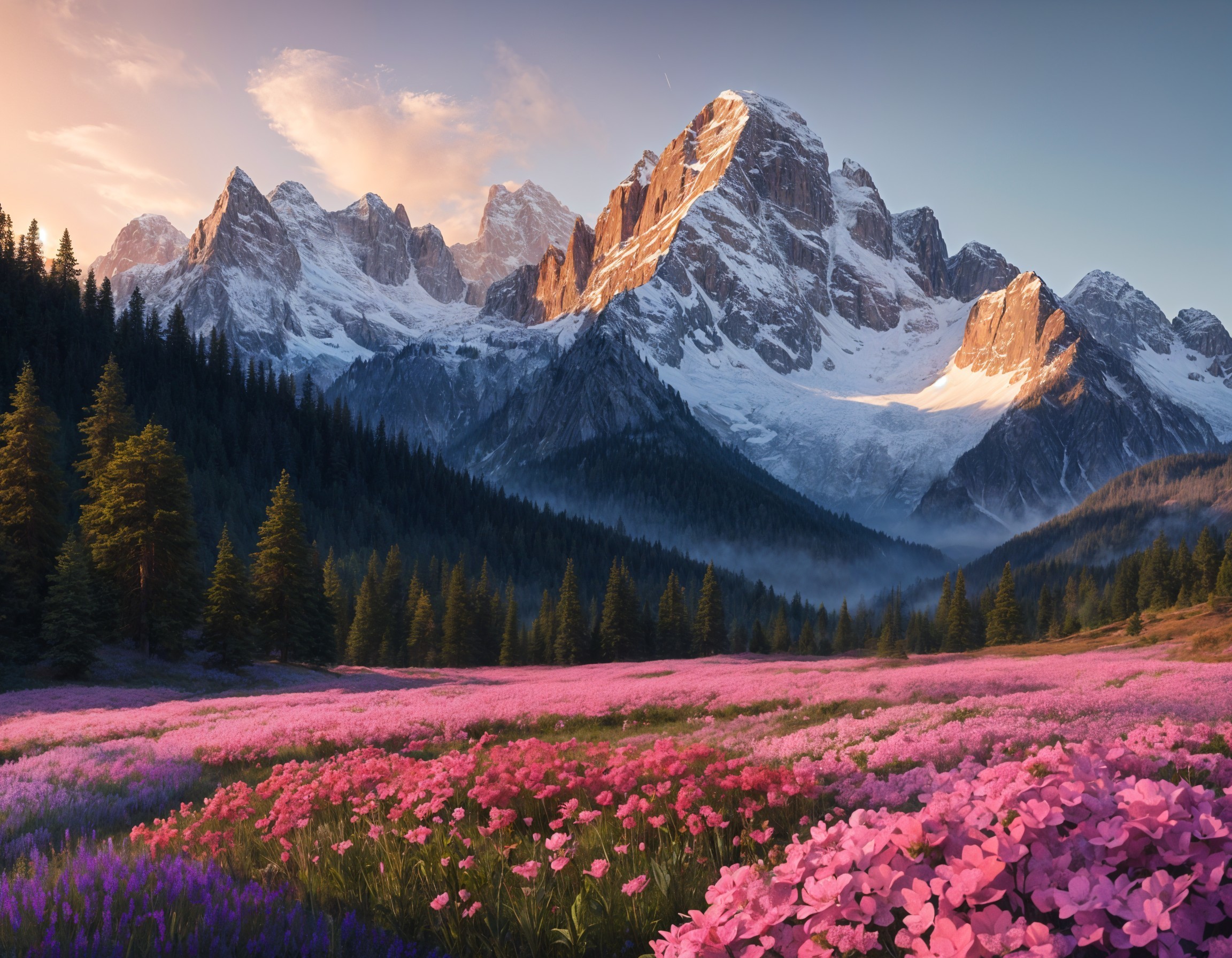 Snow-Capped Mountains and Wildflower Meadow Landscape