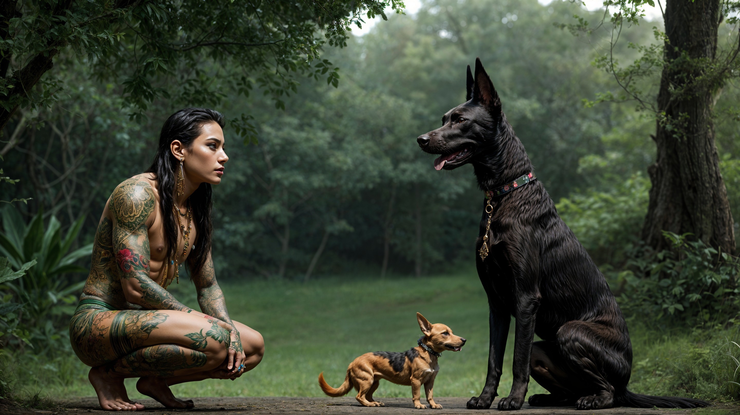 Tattooed Individual with Dogs in Serene Forest Setting