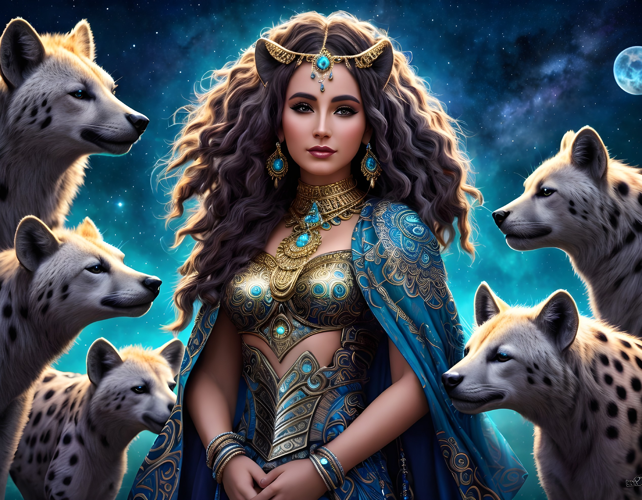 Regal Woman in Armor Surrounded by Hyenas Under Stars