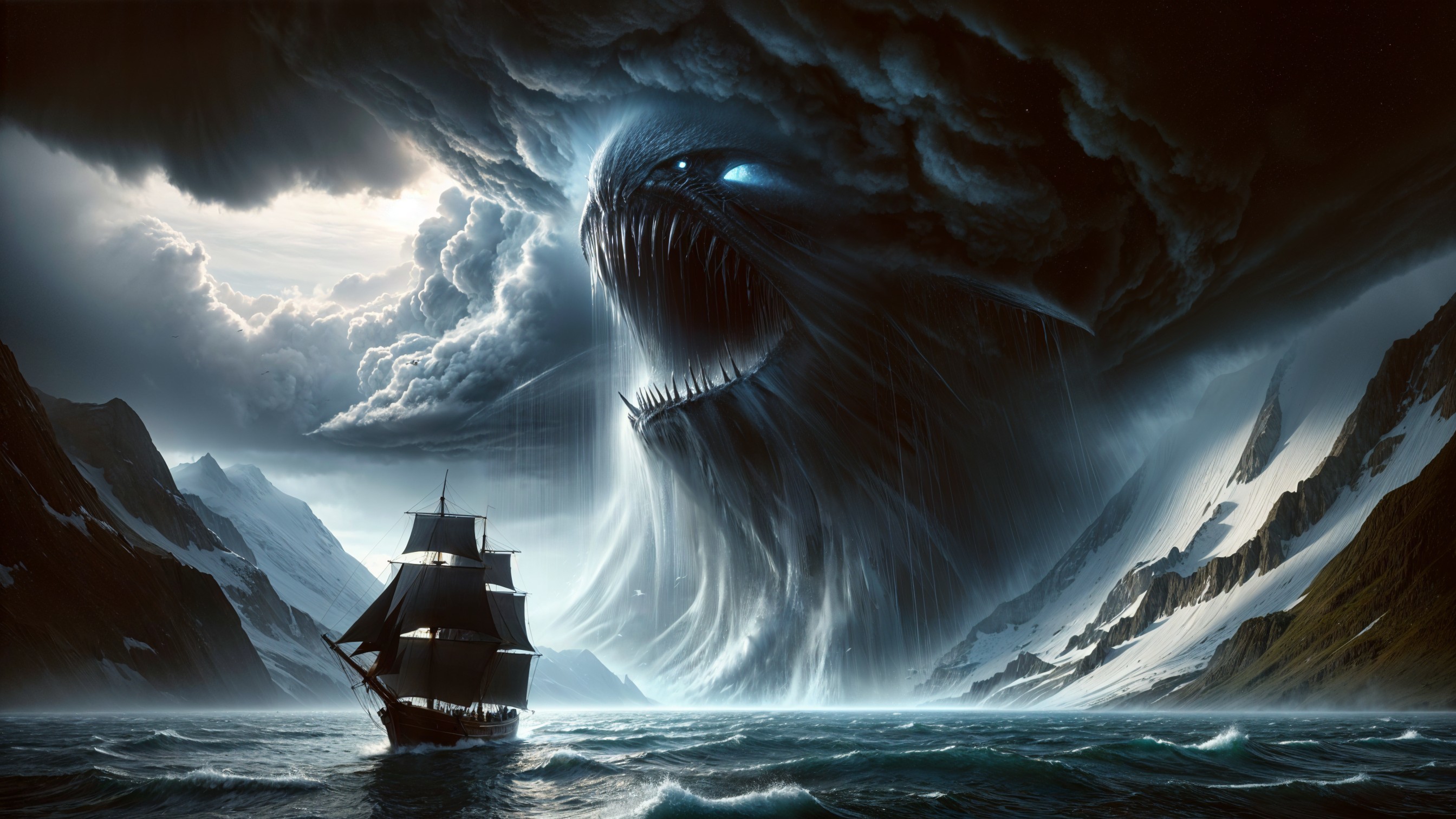 Dramatic seascape with monstrous creature and ship