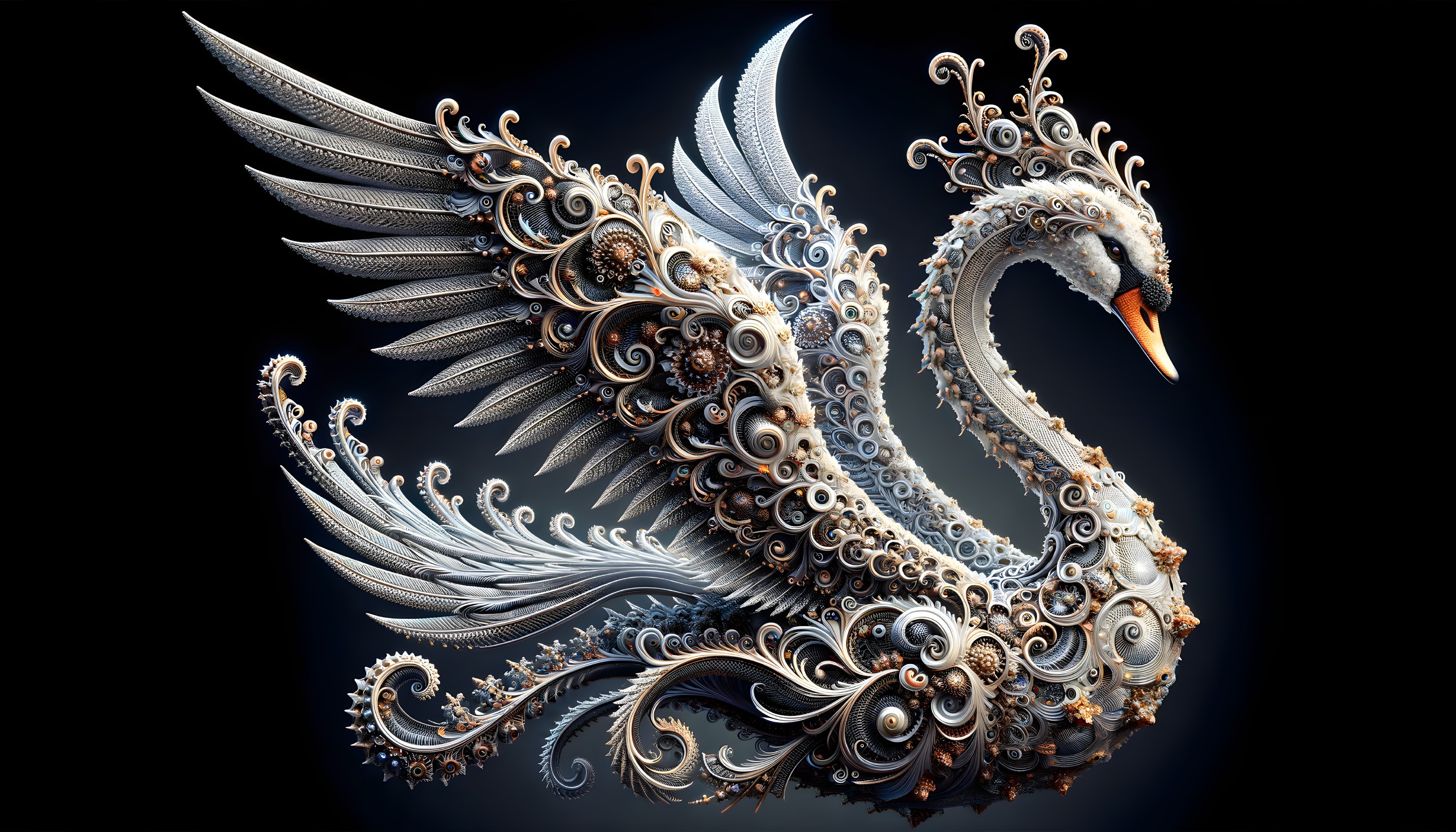 Intricate Steampunk Swan Design with Metallic Feathers