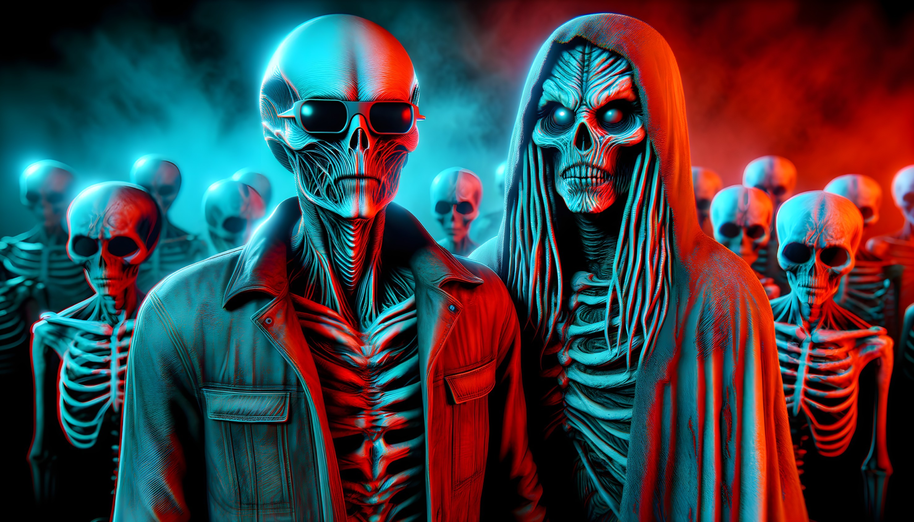 Skeleton Figures in Vibrant Misty Atmosphere