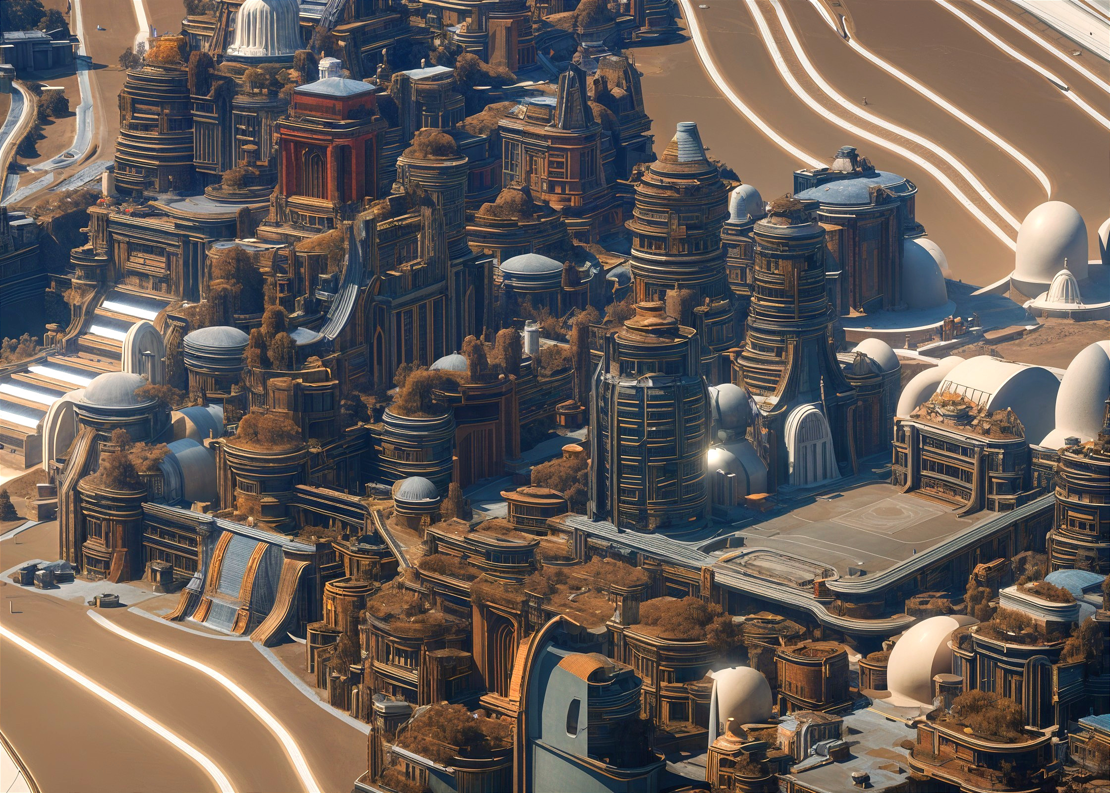 Futuristic Cityscape with Greenery and Curved Pathways