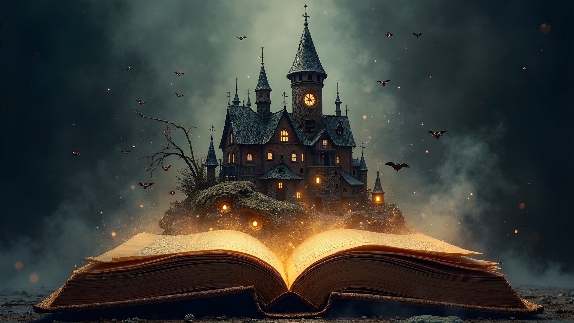 Ancient Book and Enchanted Castle in Mystical Scene