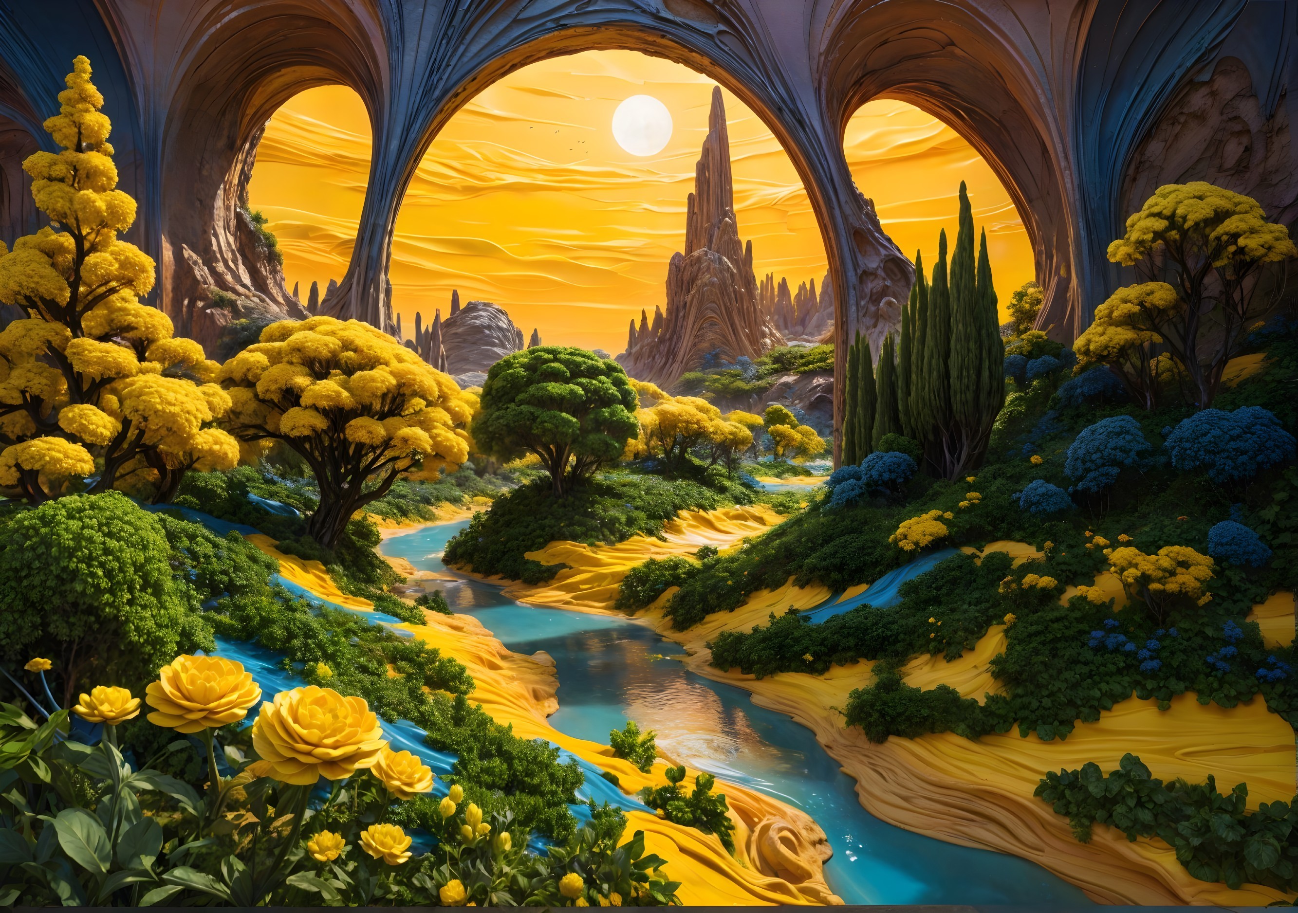 Vibrant Landscape with Sunlit Hills and River