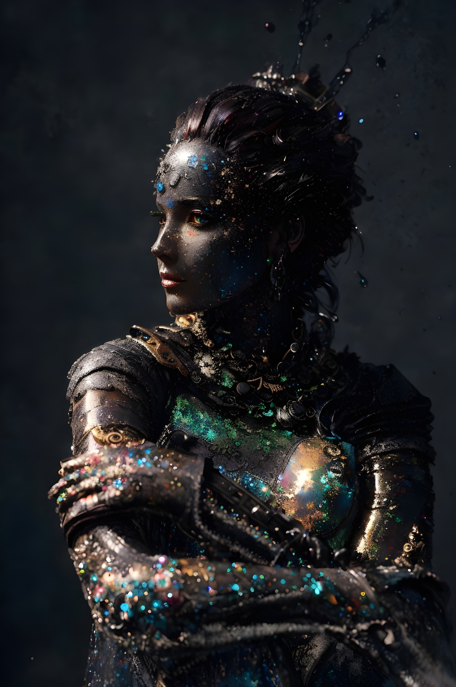 Metallic Armor Figure with Ethereal Features and Texture
