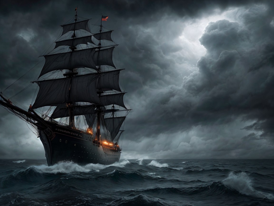 Majestic sailing ship in stormy seas with dark sails