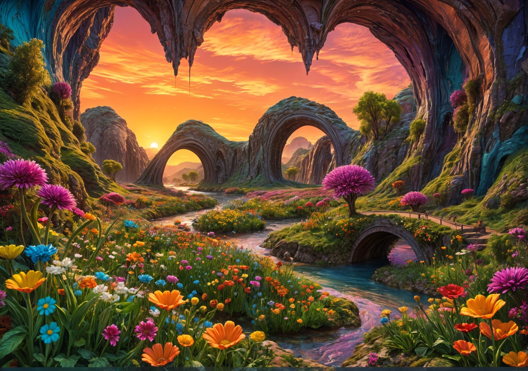 Vibrant Flowers and Colorful Rock Formations Landscape