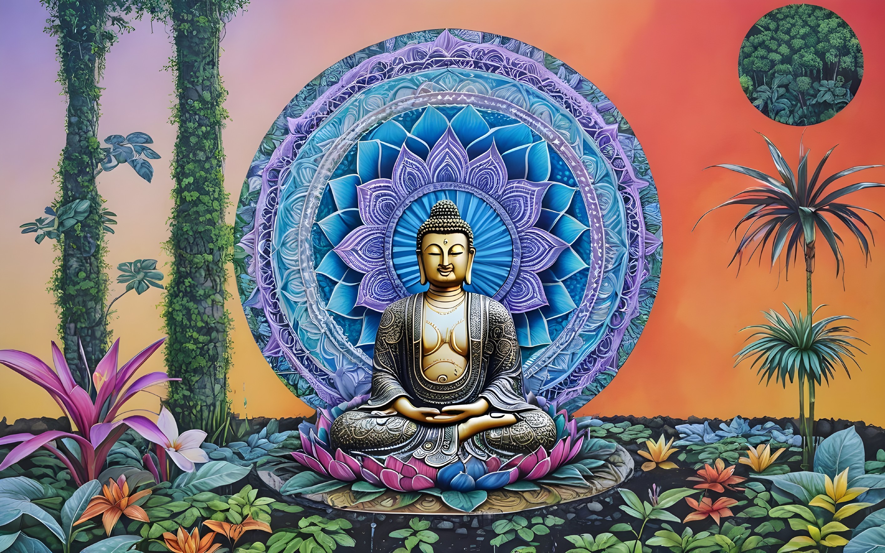 Buddha Figure in Meditative Pose with Mandala Patterns