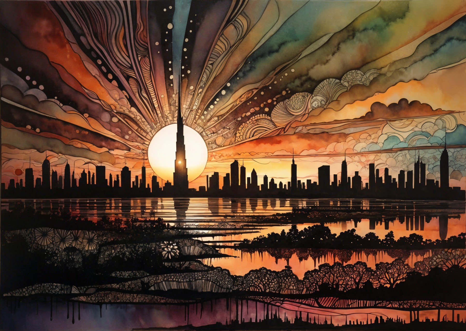 Vibrant Sunset Skyline with Tower and Reflections