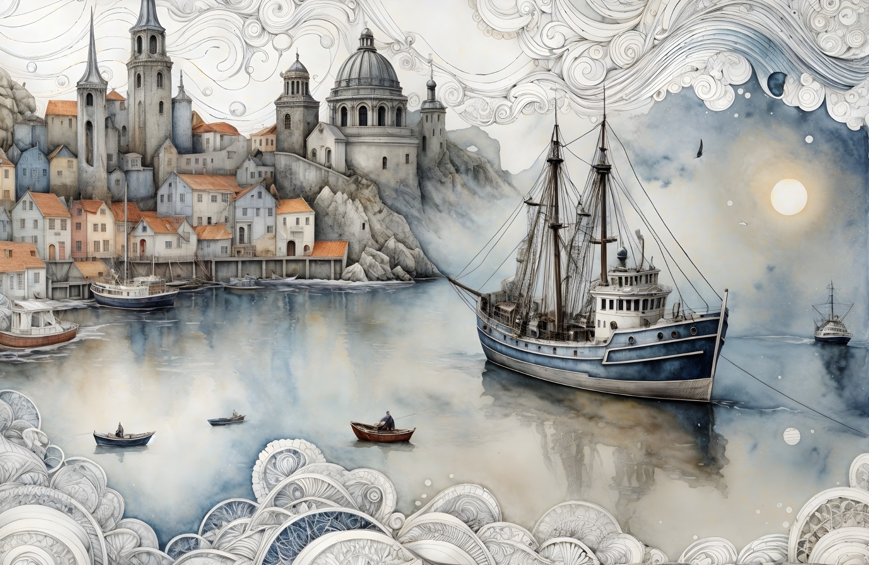 Charming Coastal Town with Ships and Rocky Cliffs