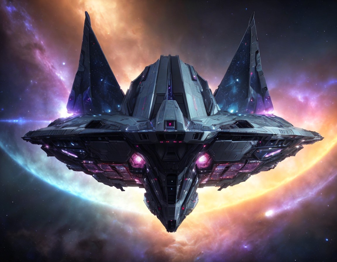 Futuristic spacecraft in vibrant cosmic landscape