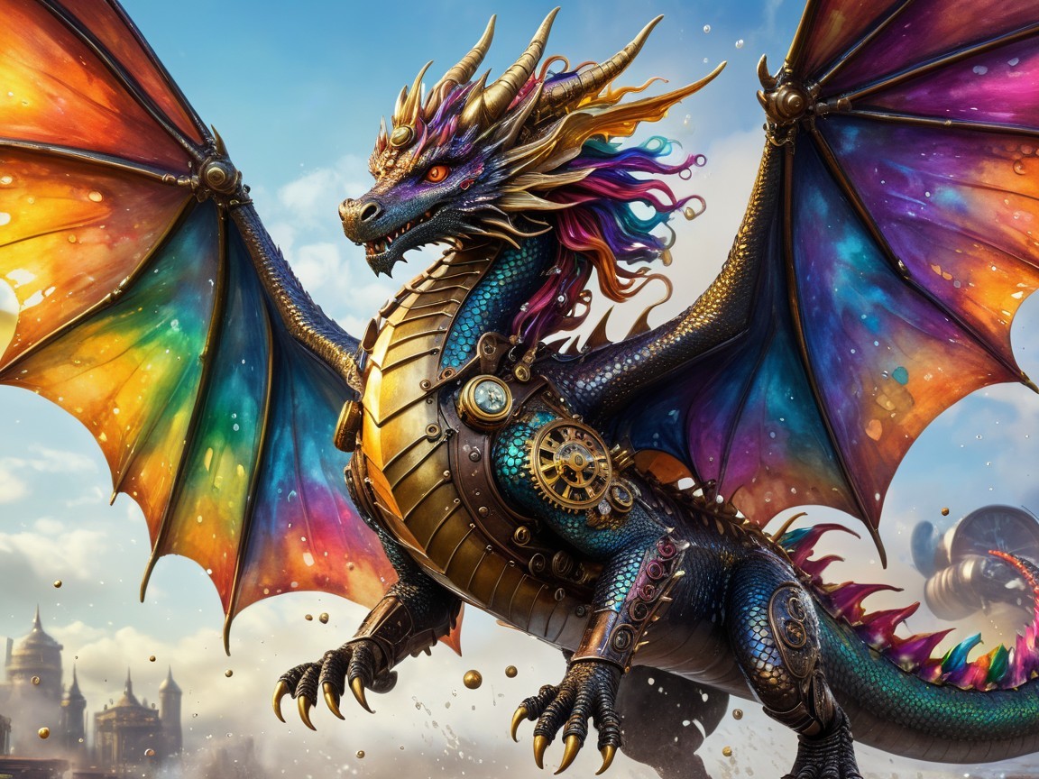 Majestic Dragon with Steampunk Armor and Vibrant Sky