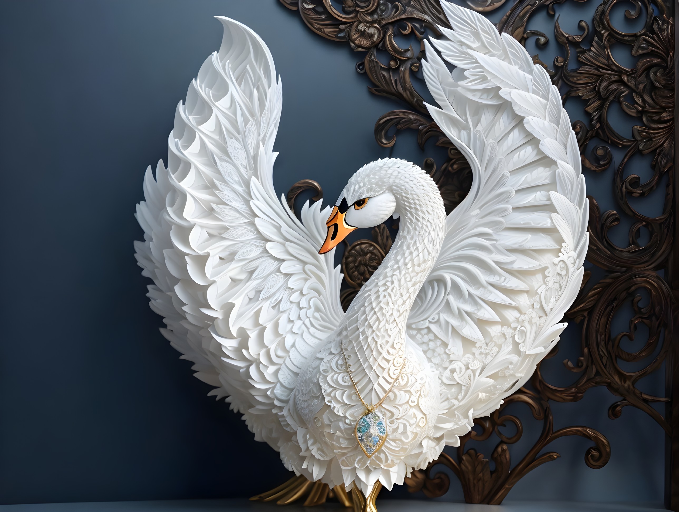 Intricate Sculpture of a Detailed Swan with Gemstone
