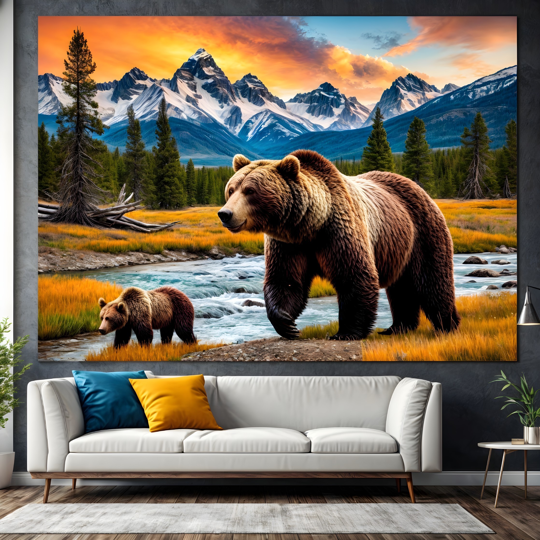 Grizzly Bear and Cub by Serene Autumn River Scene