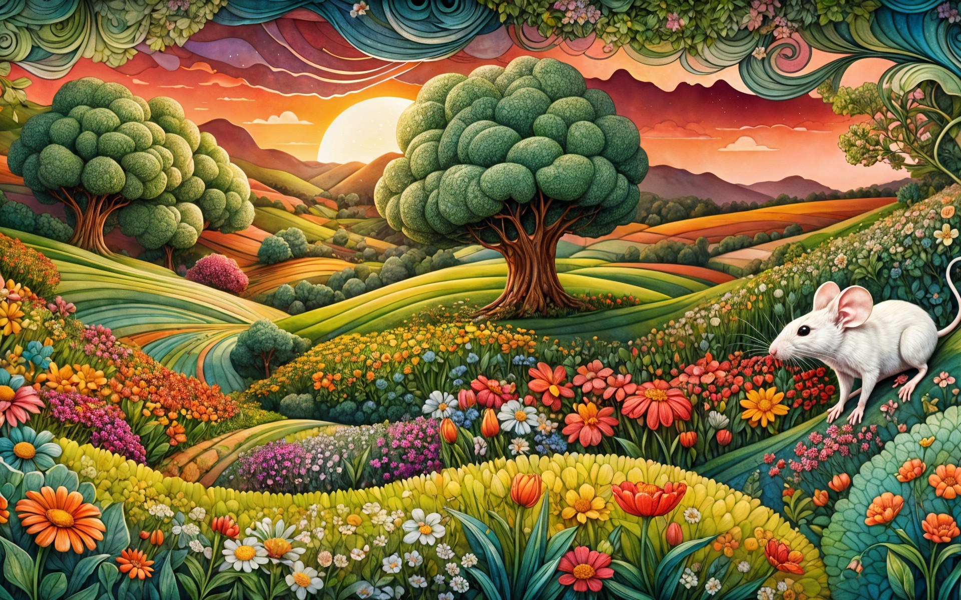 Whimsical Landscape with Colorful Flowers and Trees