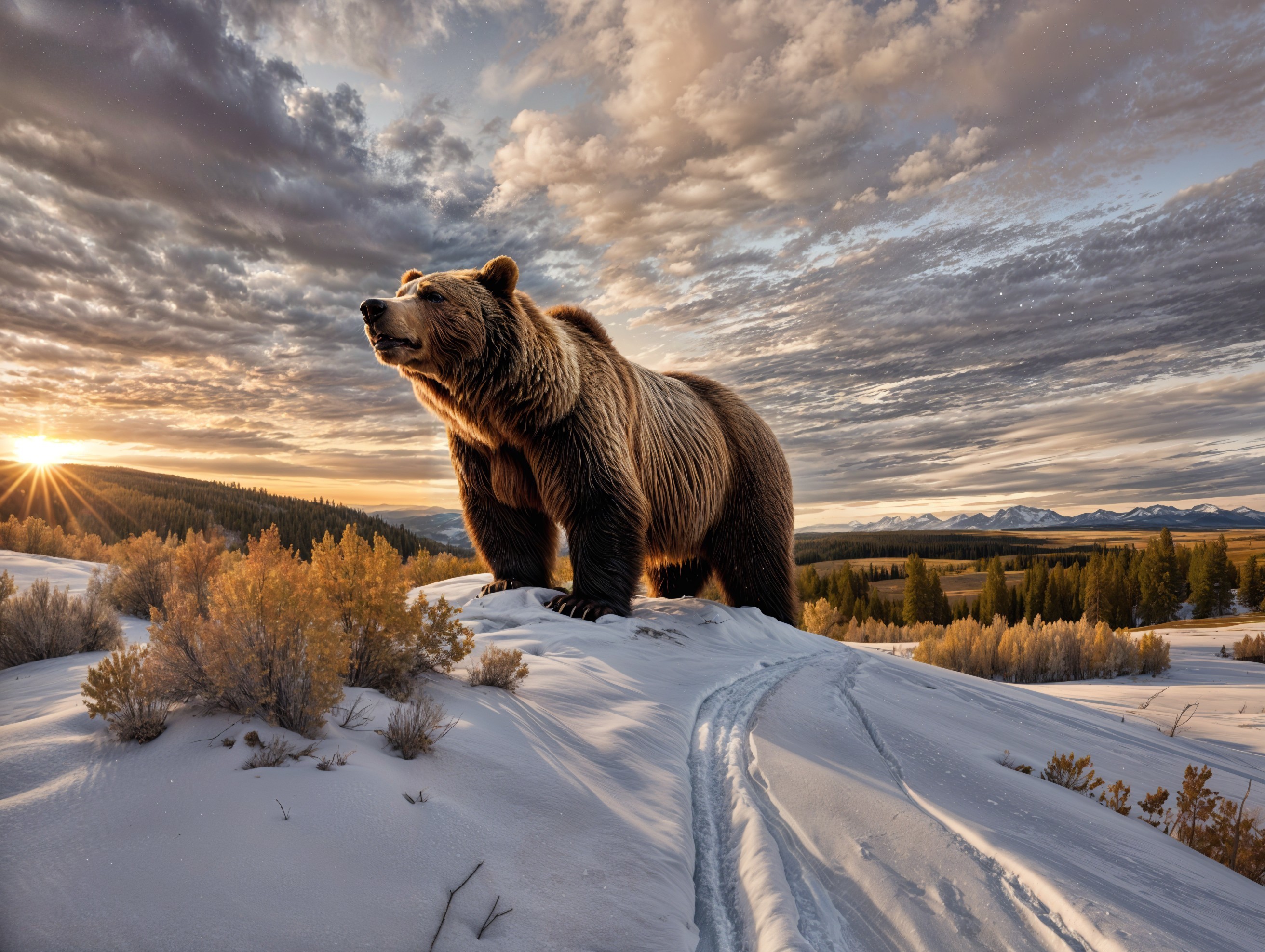 Grizzly Bear on Snowy Ridge at Sunset Scene