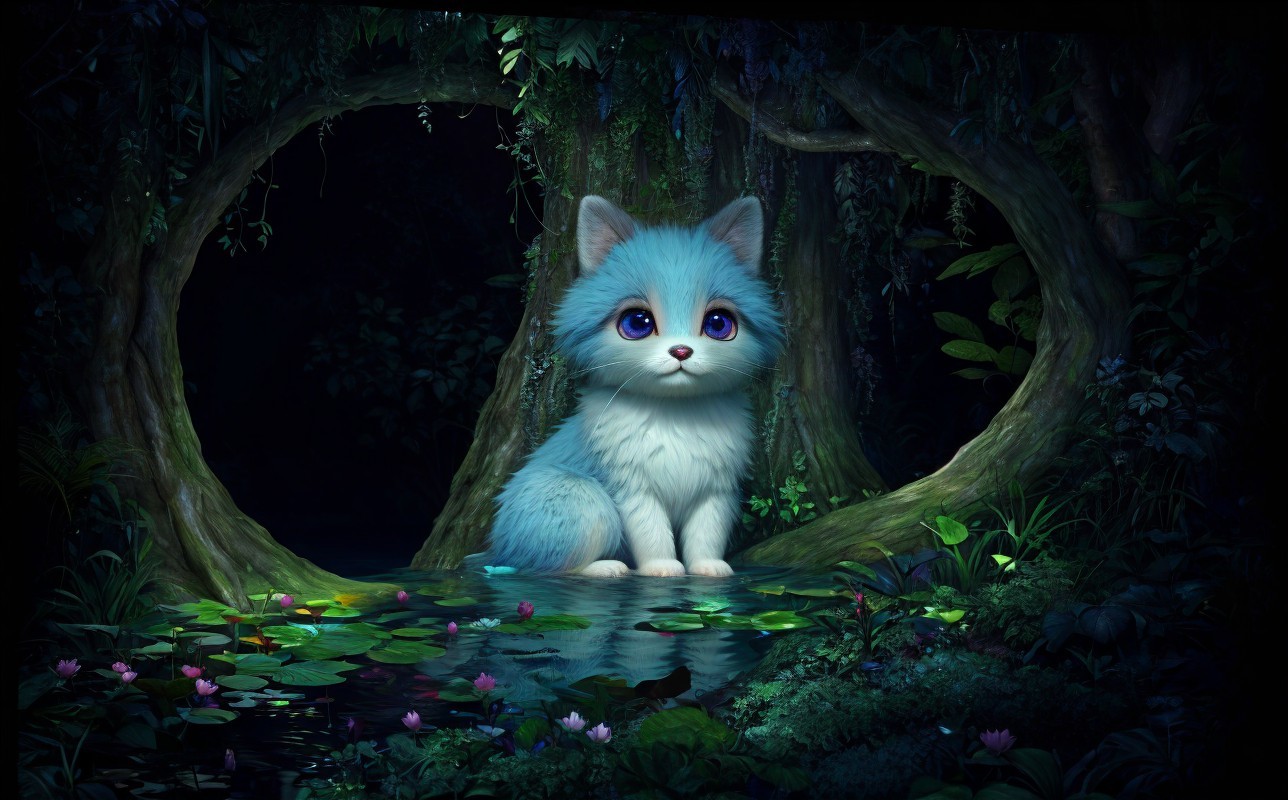 Whimsical Blue Kitten by Serene Pond at Night
