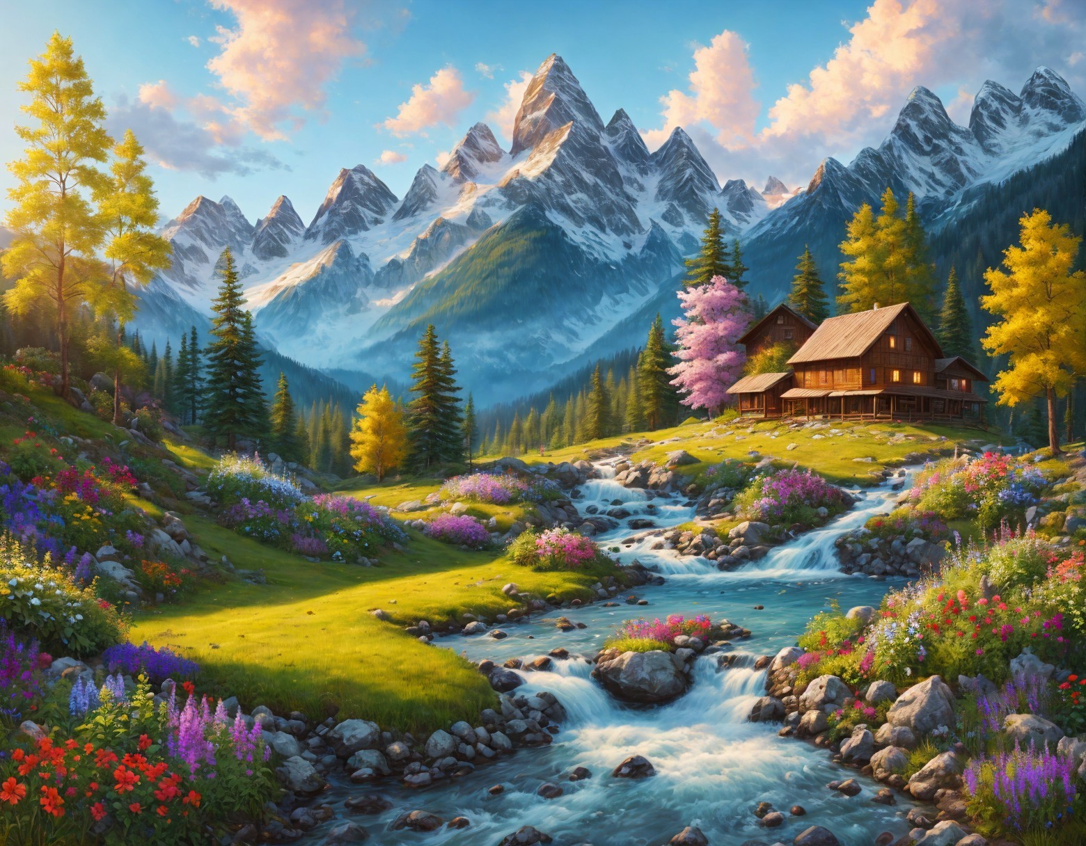 Majestic Mountains and Serene Stream in Idyllic Landscape