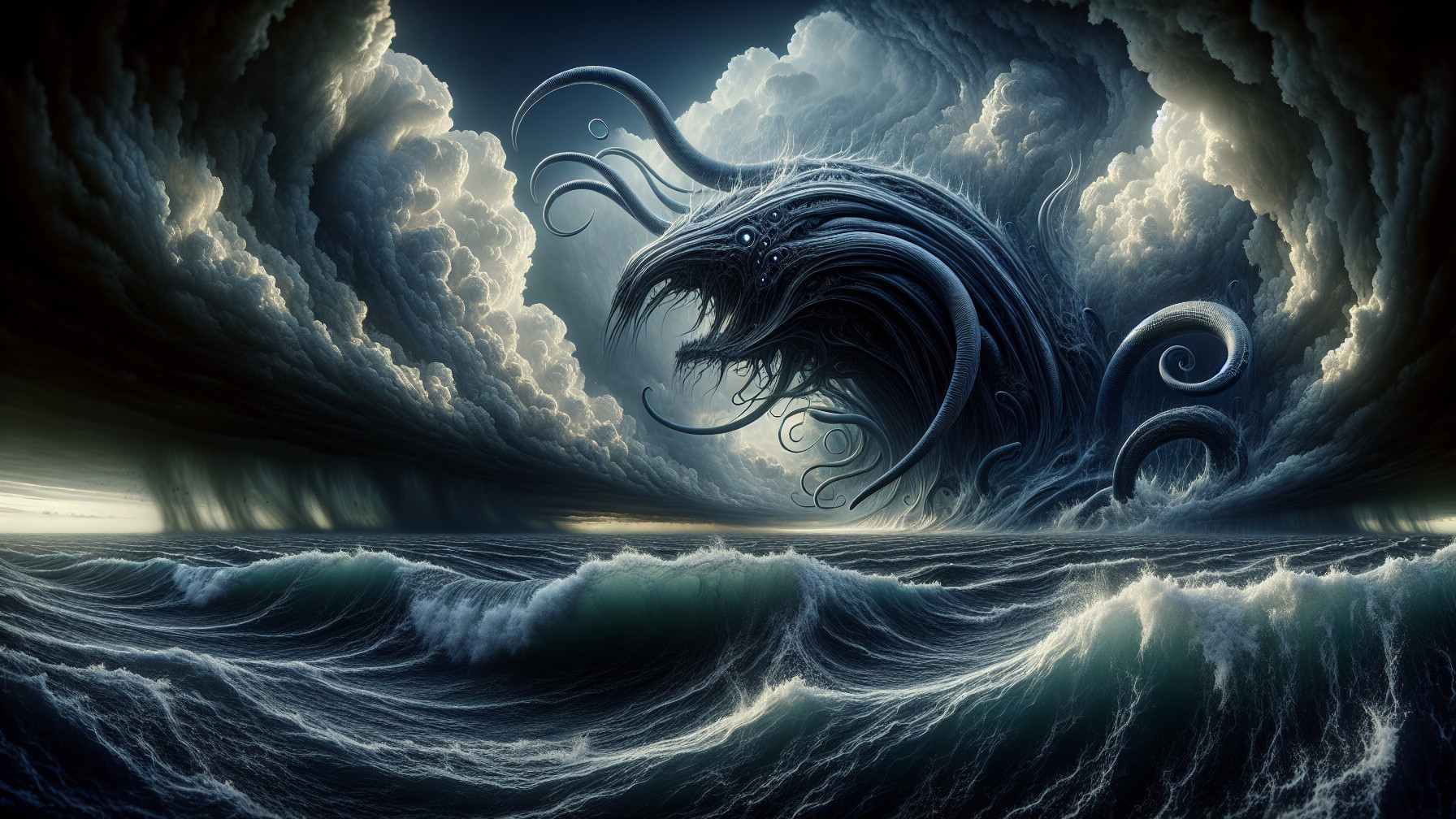 Colossal Sea Creature in Stormy Sky and Turbulent Ocean