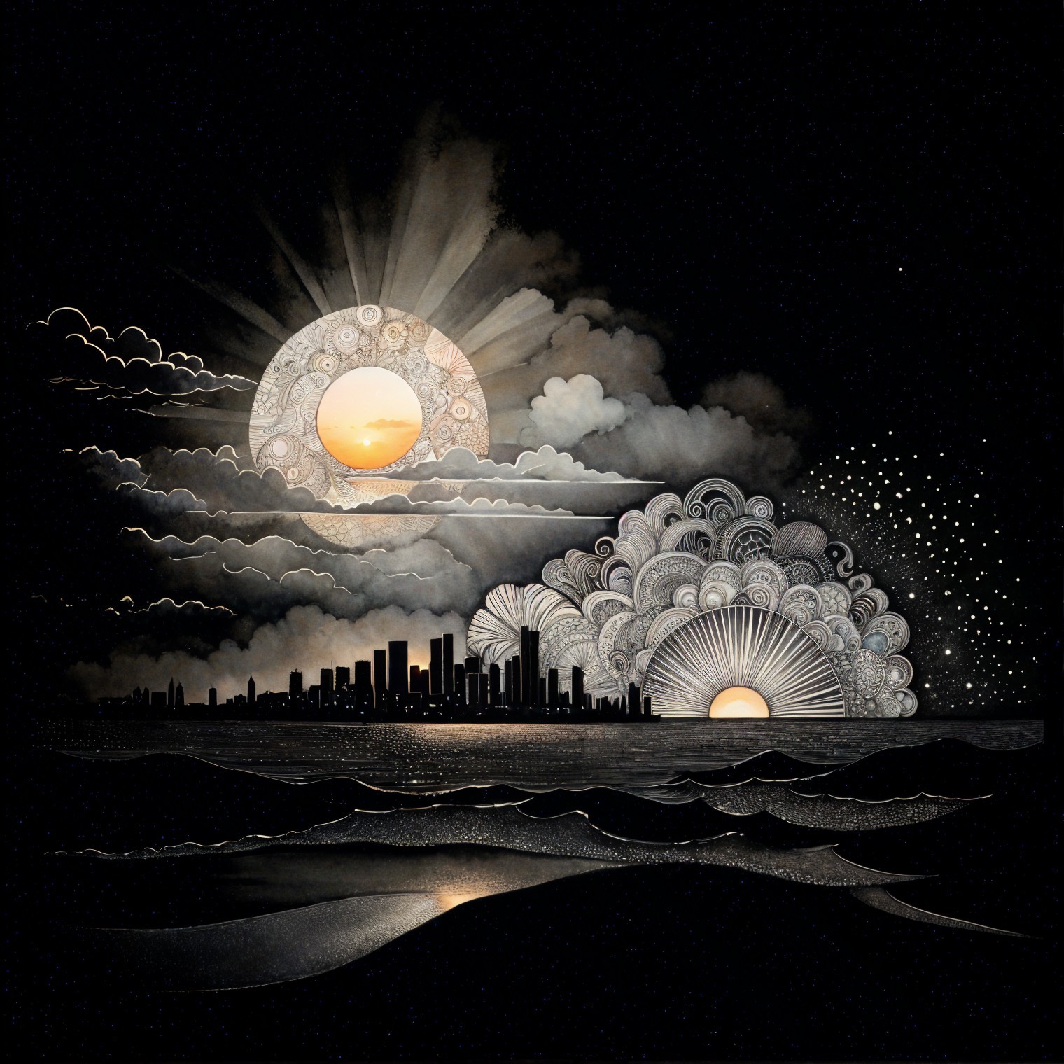 Serene night scene with city skyline and rising sun