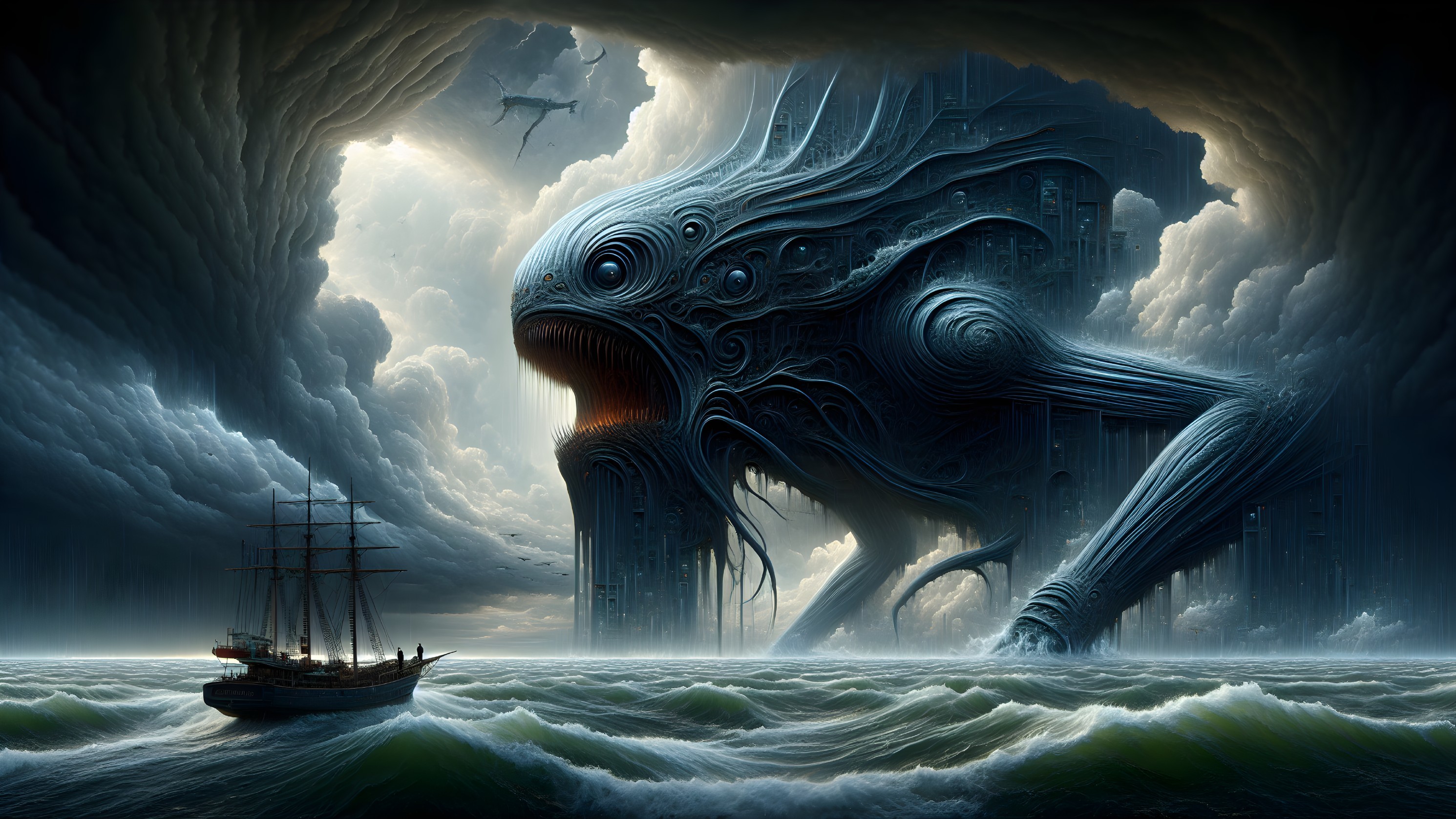 Surreal Sea Creature and Vintage Ship in Ominous Scene