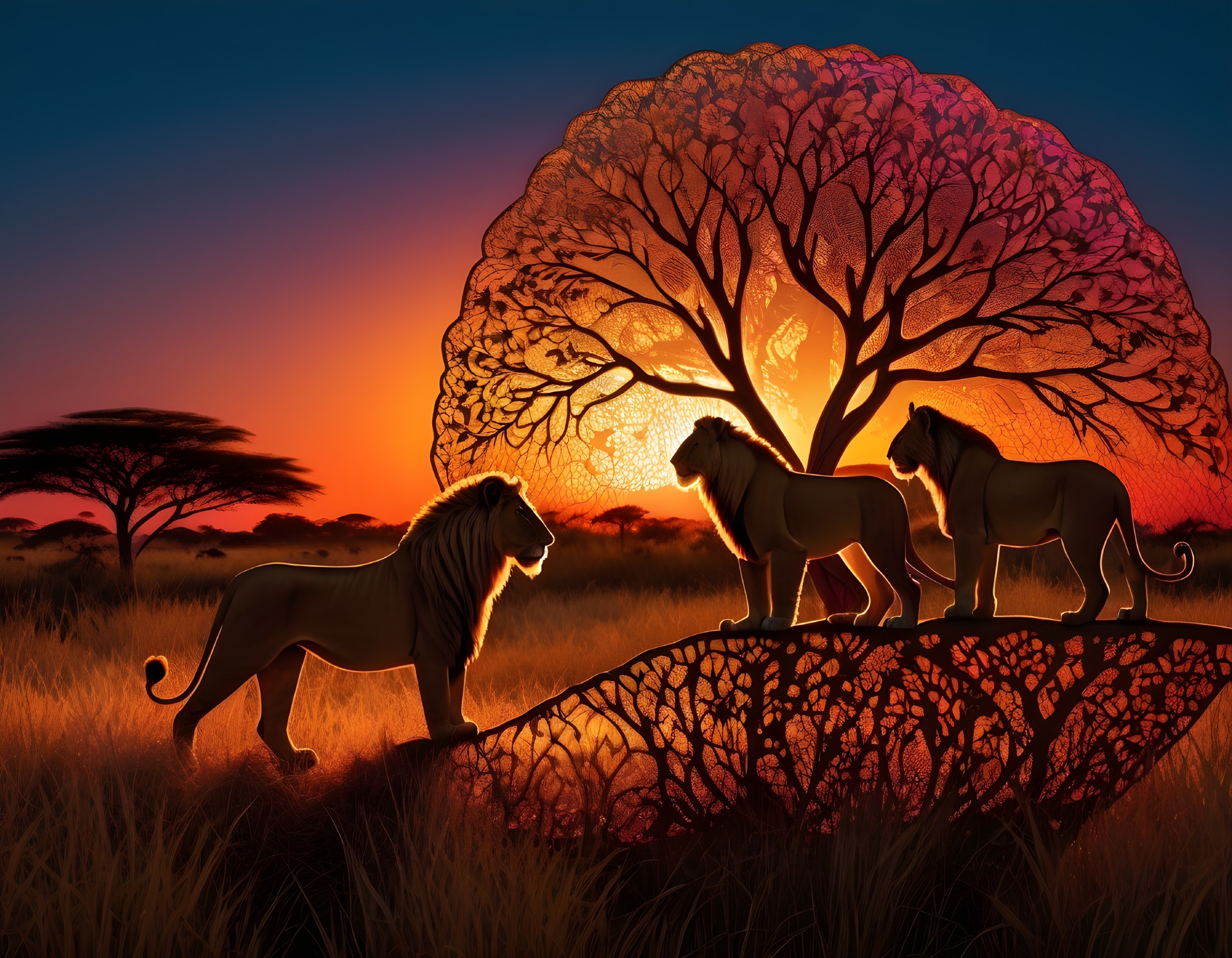 Lions Silhouetted Against a Vibrant Sunset Scene