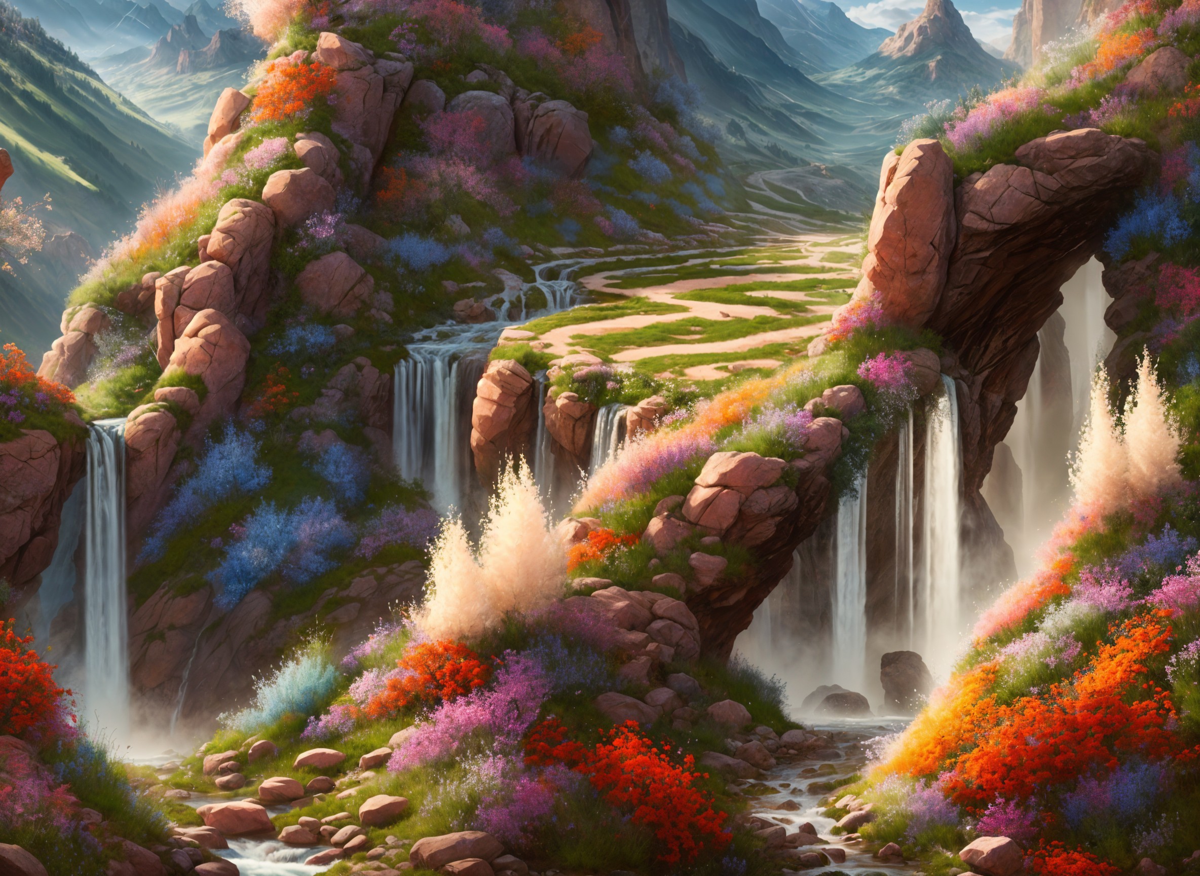 Vibrant Waterfalls and Lush Landscape Description