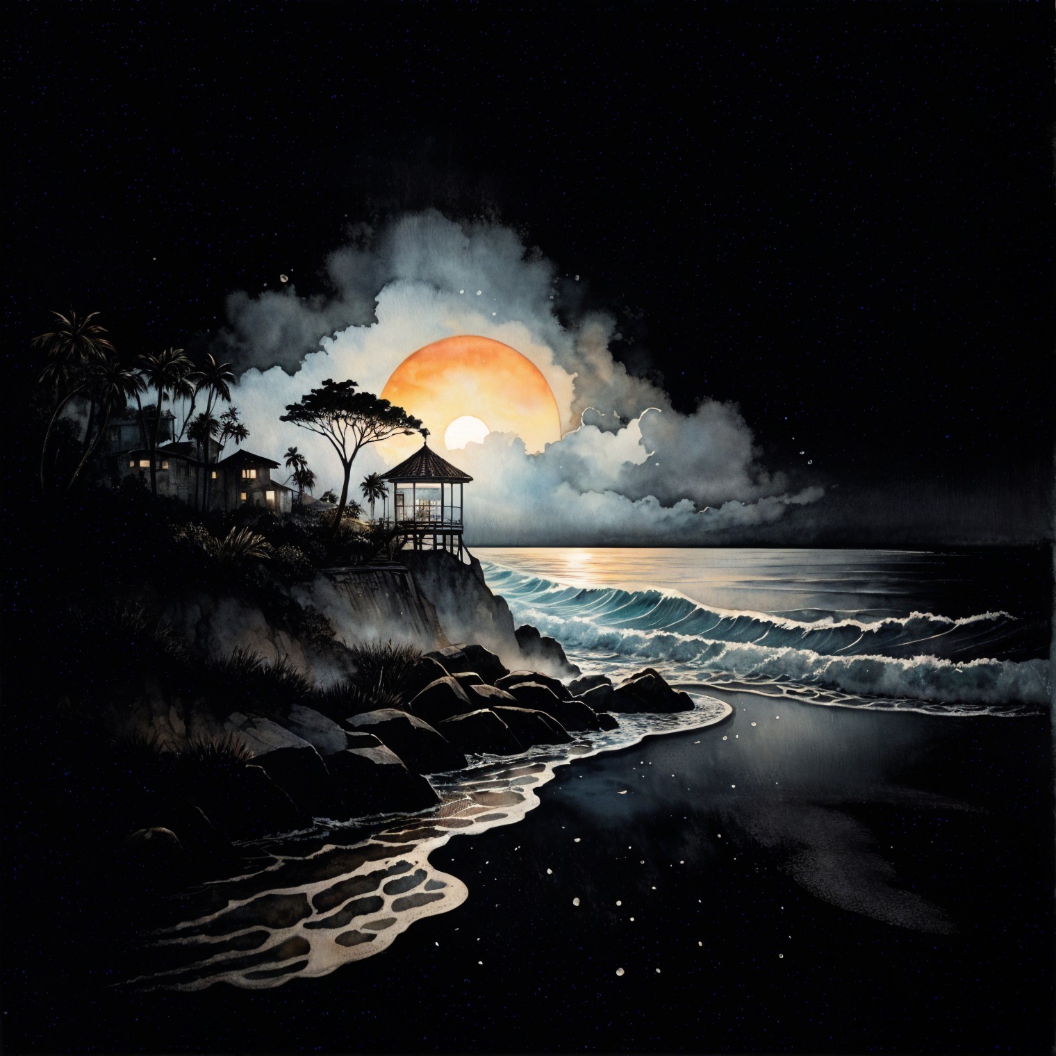 Coastal Night Scene with Moonlit Ocean and Gazebo