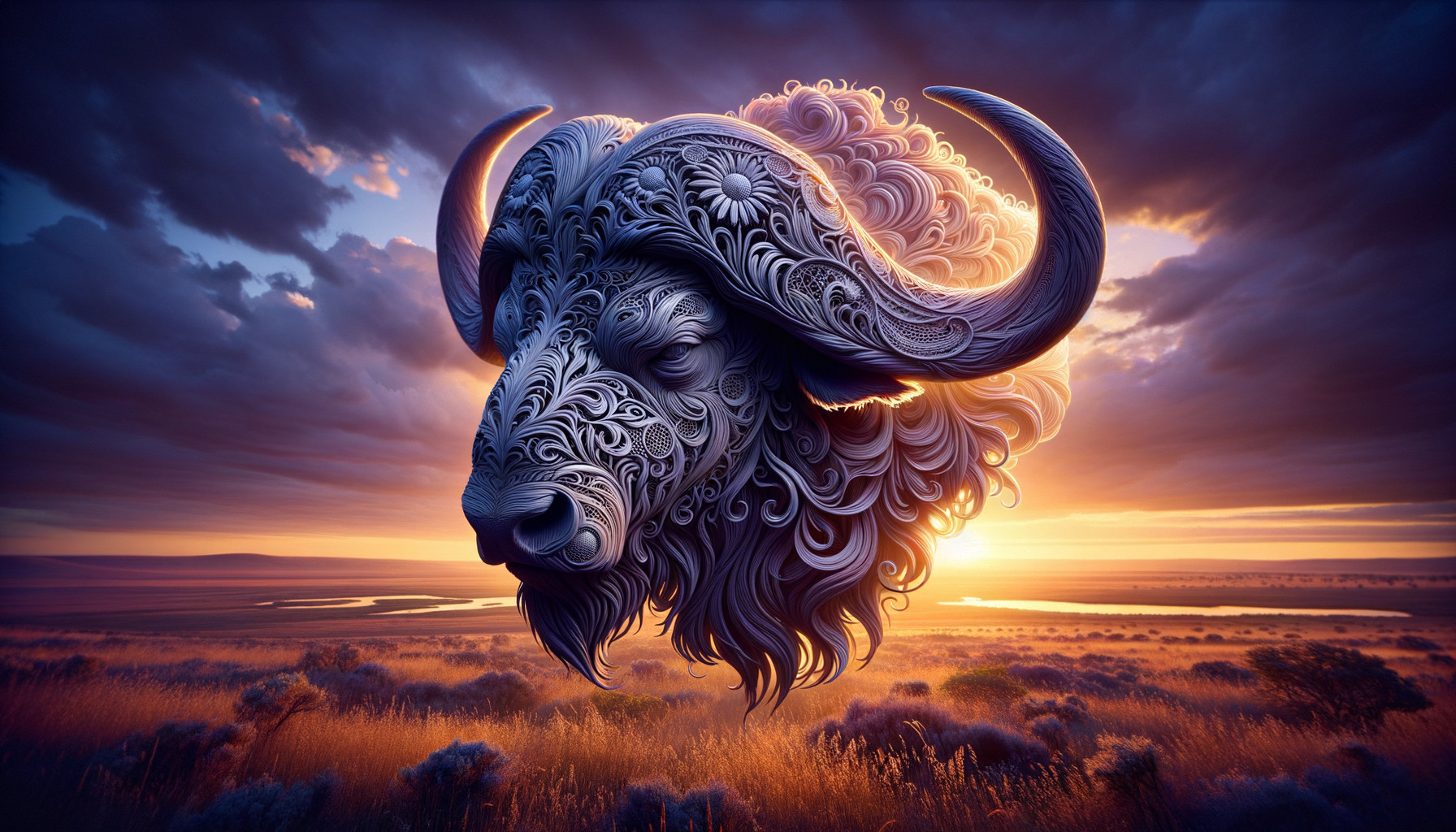 Intricately Carved Buffalo Head Against Sunset Landscape