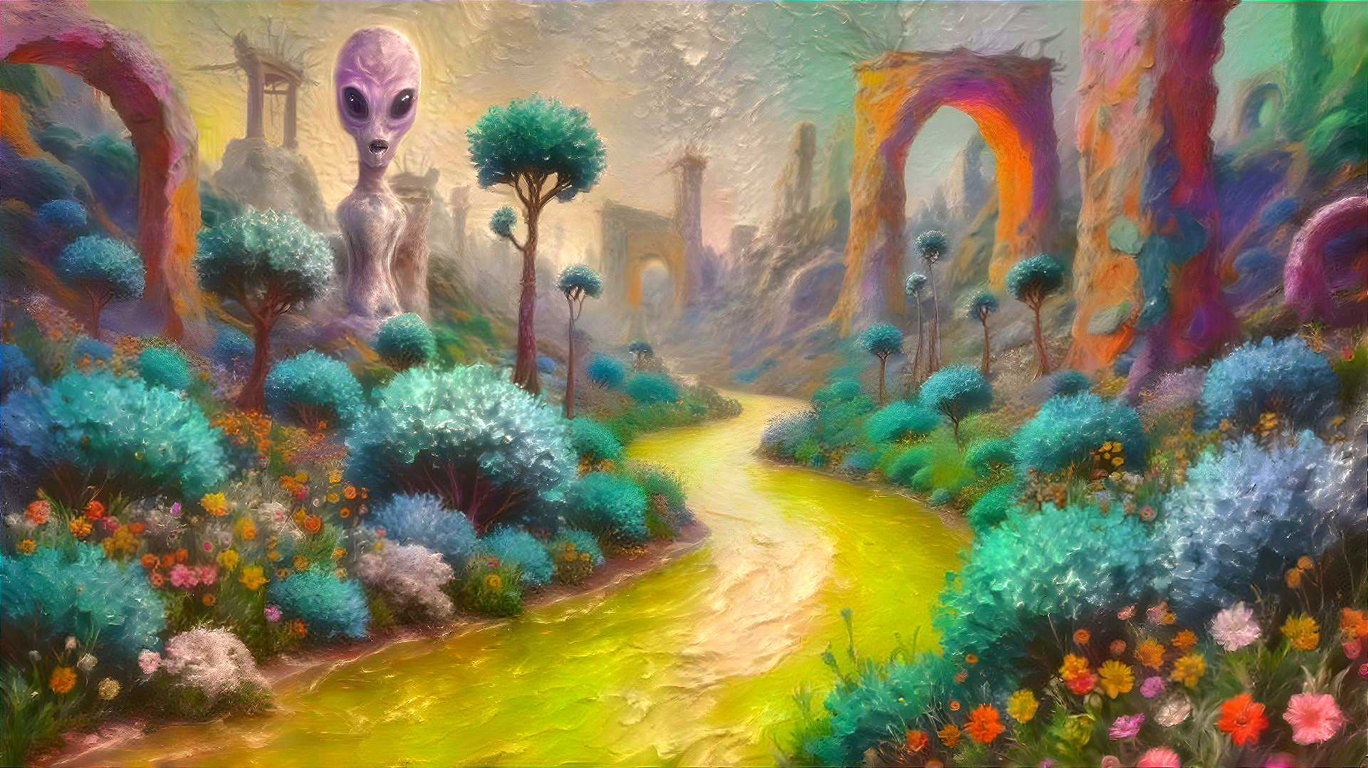 Surreal Landscape with Vibrant Nature and Alien Figure