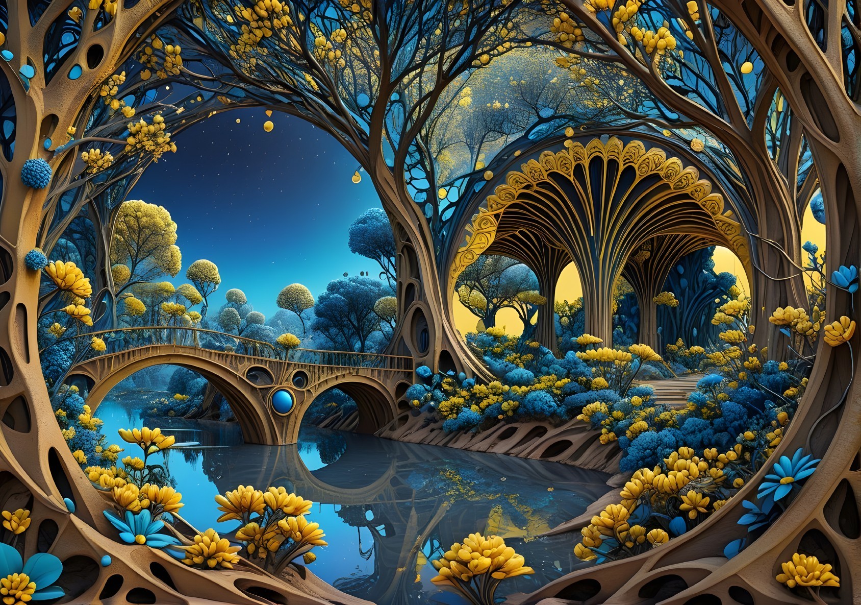 Fantastical Landscape with Golden Trees and Starry Sky