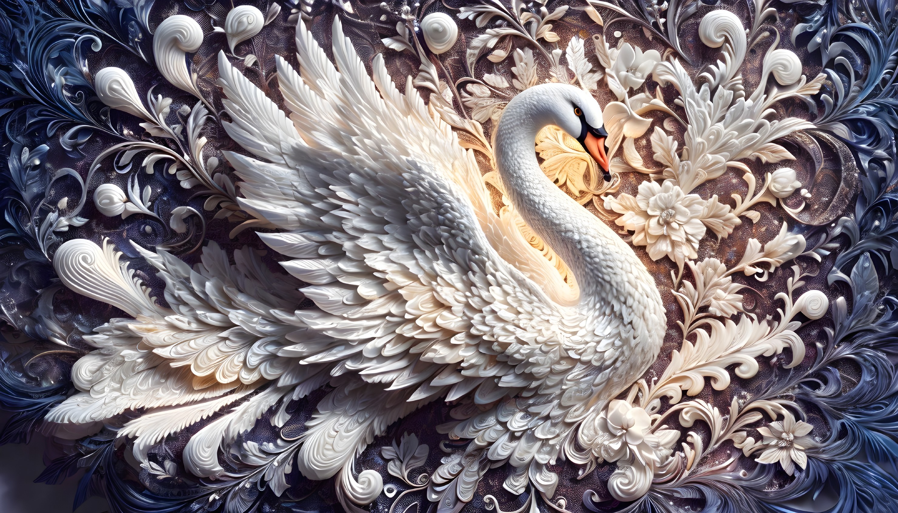 Intricate Swan Sculpture with Floral Motifs and Details