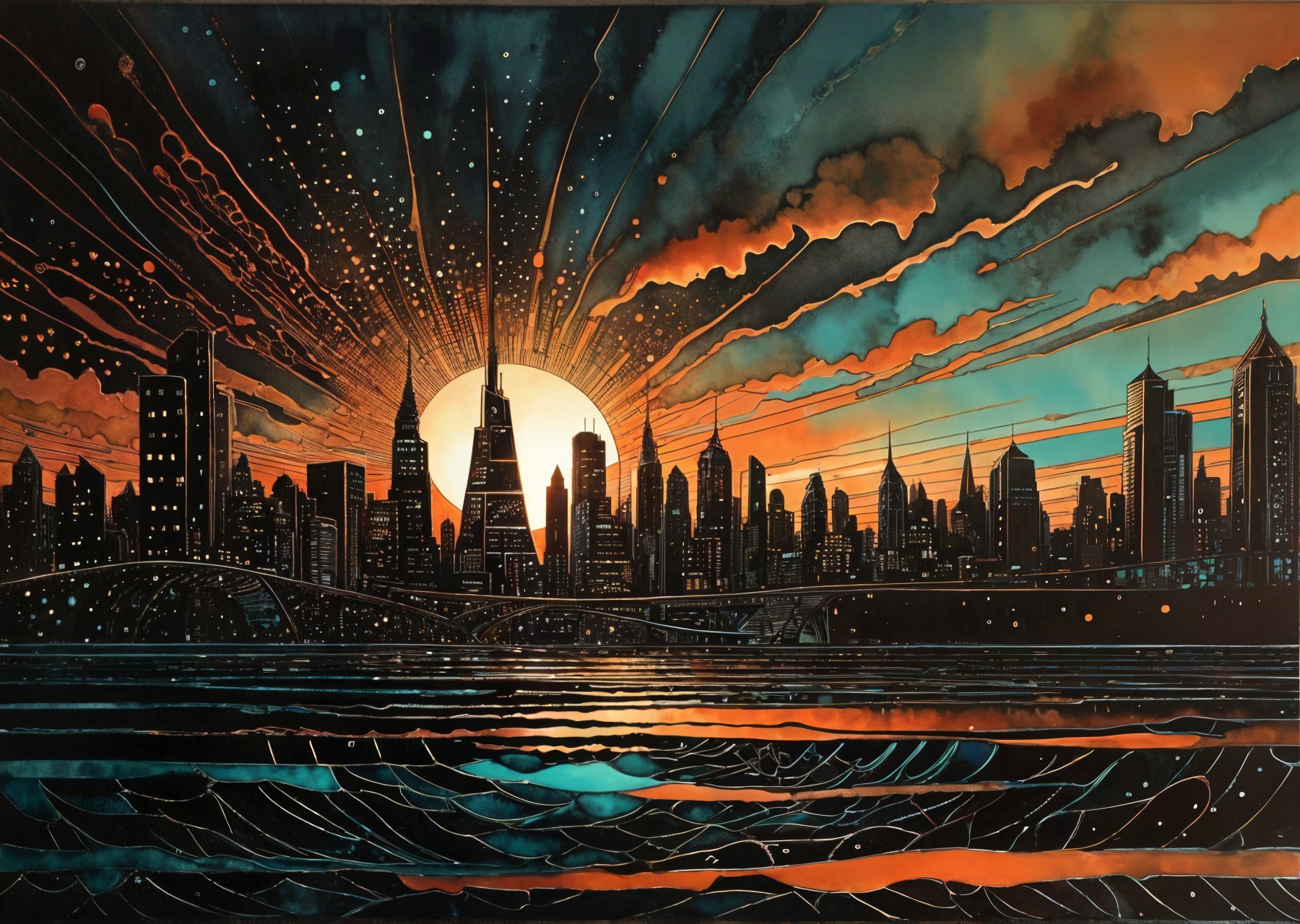 Vibrant Sunset Skyline with Skyscrapers and Reflections