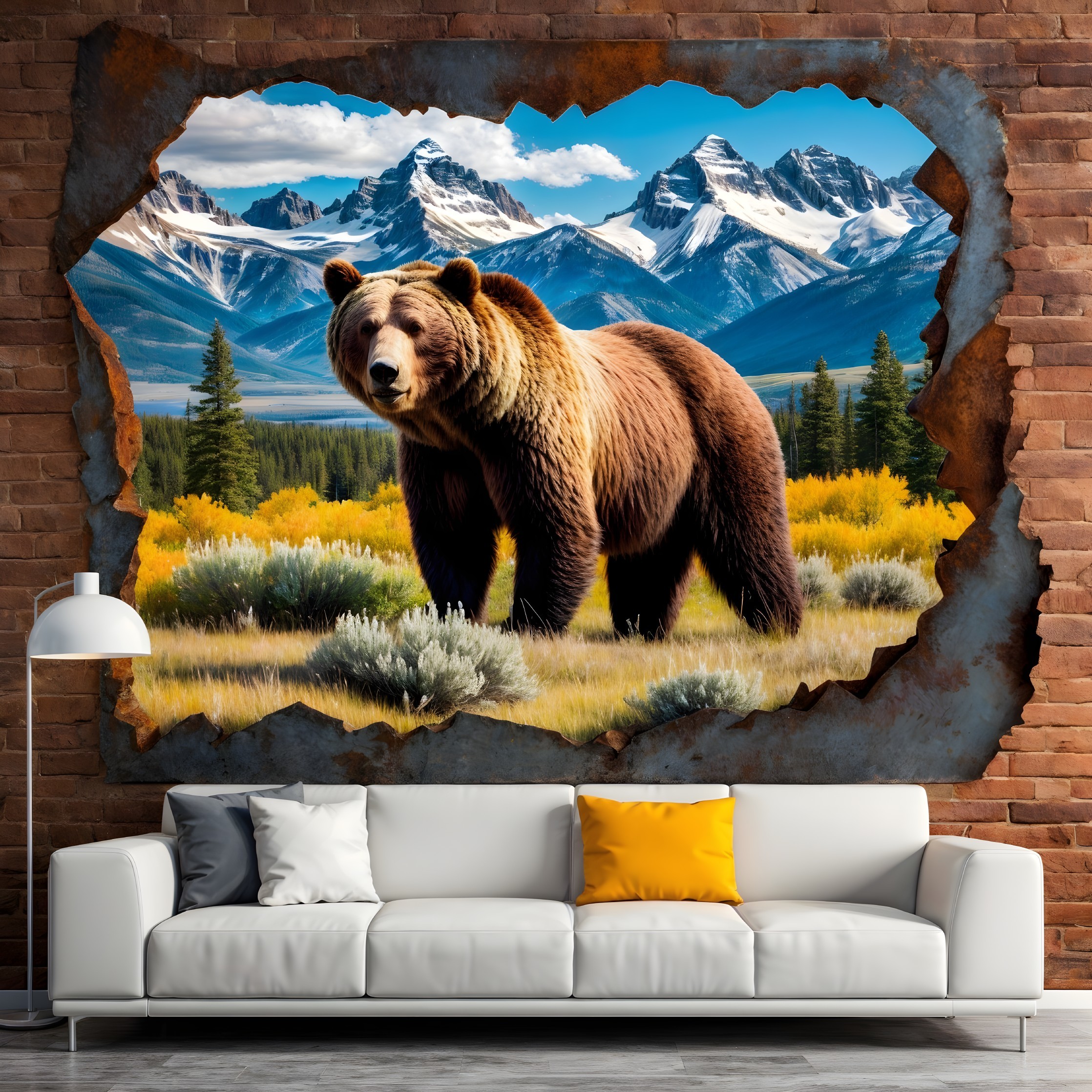 Mural of a grizzly bear with mountain backdrop