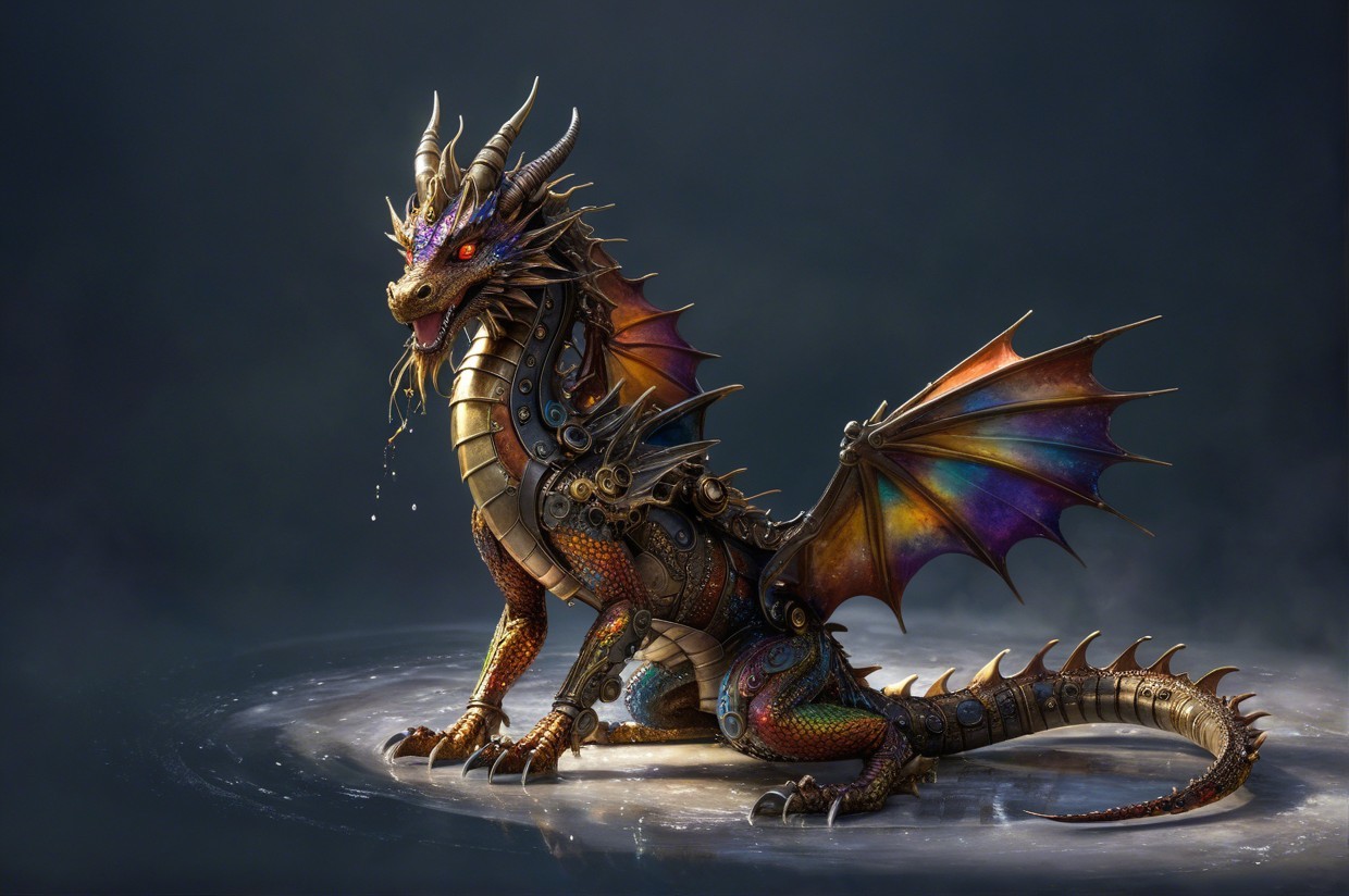 Majestic Steampunk Dragon with Vibrant Iridescent Wings