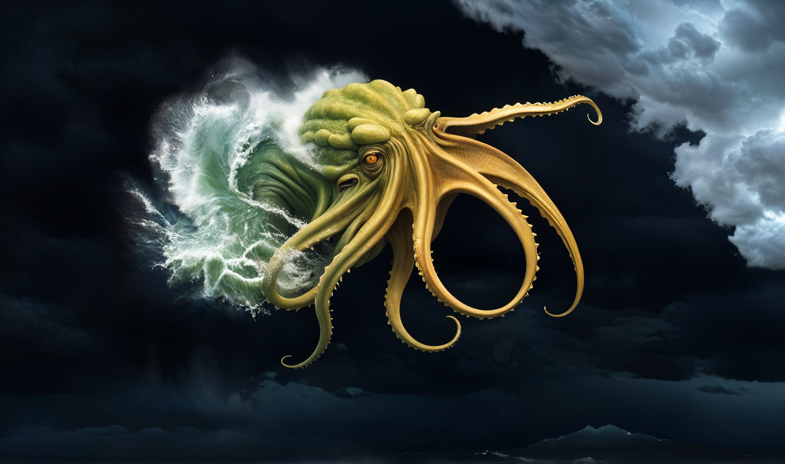 Colossal Octopus in Stormy Ocean Waves Scene