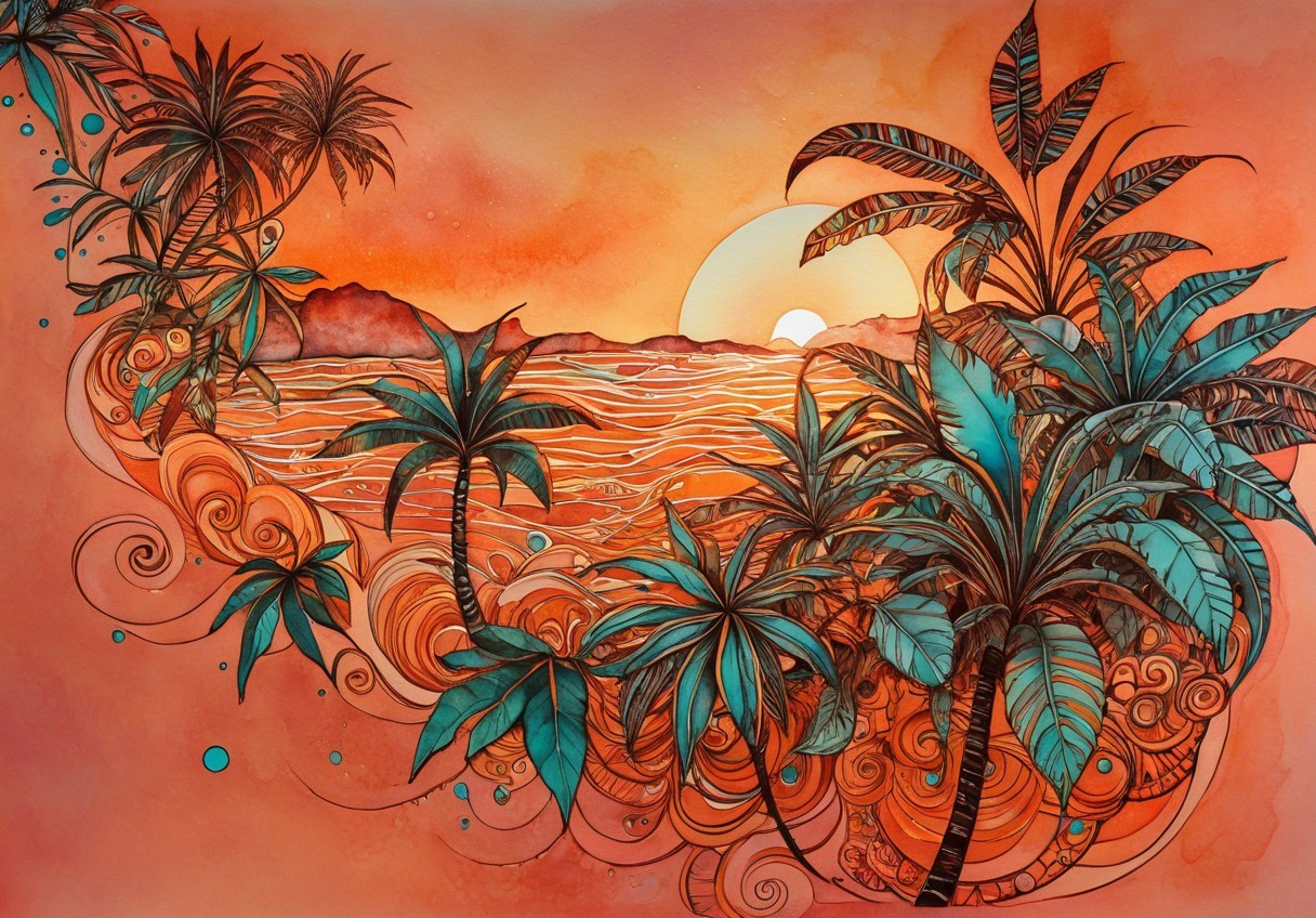 Vibrant Sunset Over Stylized Ocean with Palm Trees