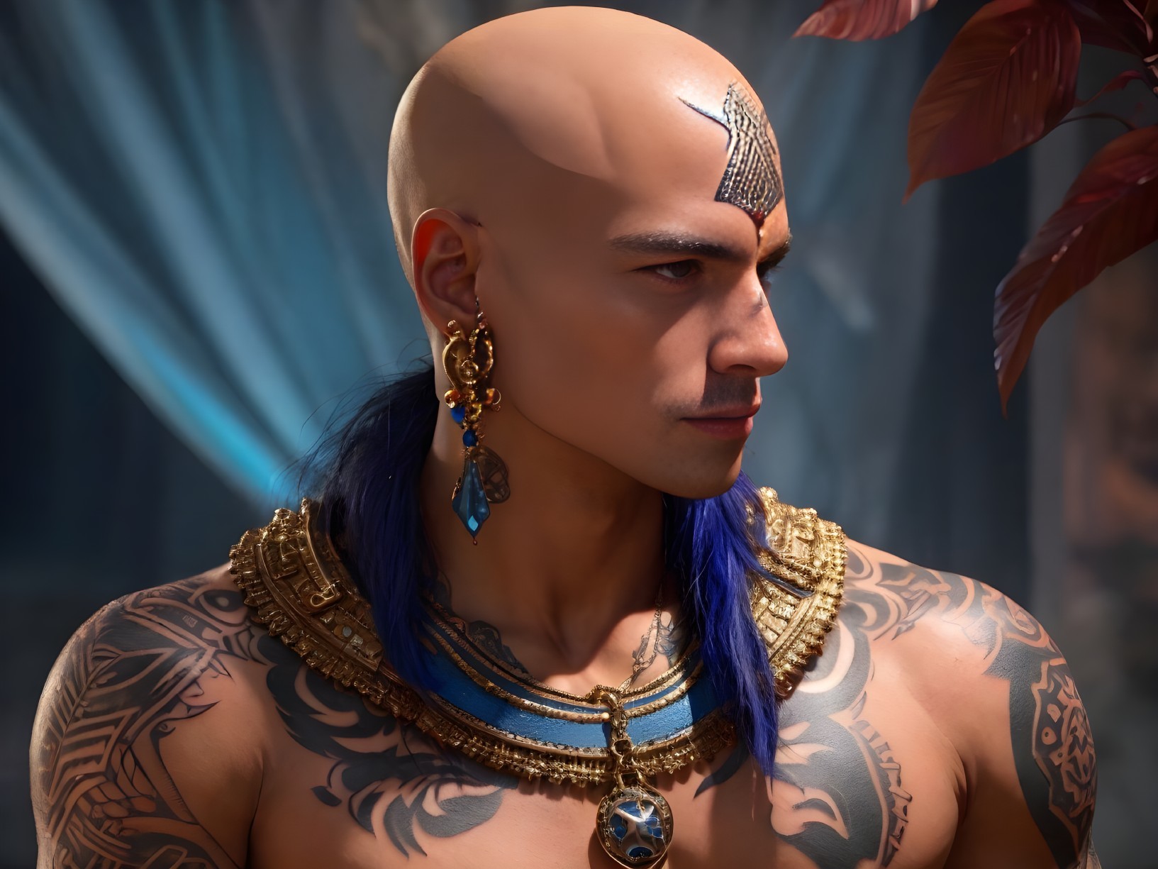 Bald Character with Forehead Tattoo and Jewelry